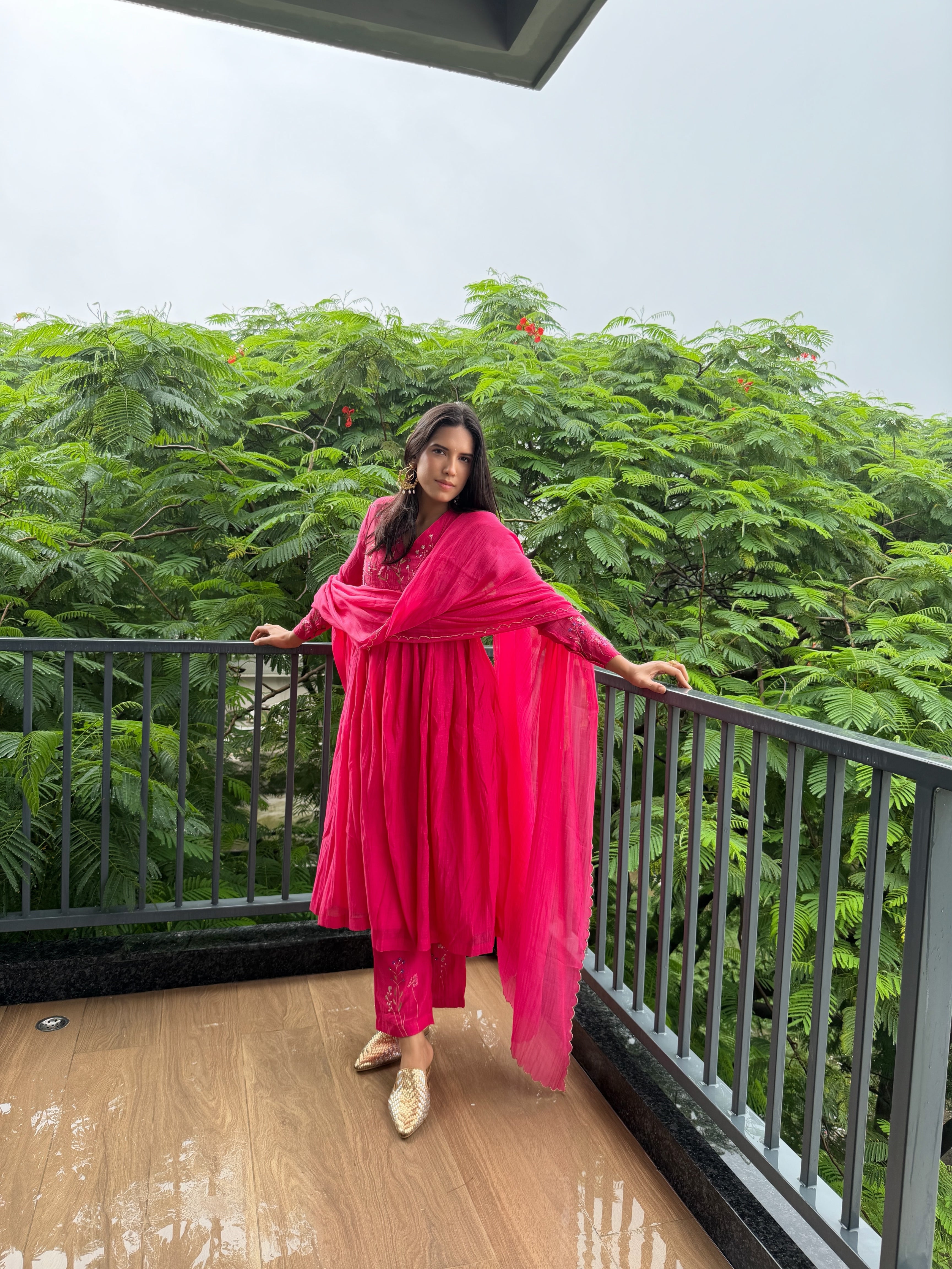 Hot Pink Floral Chanderi Kurta Set