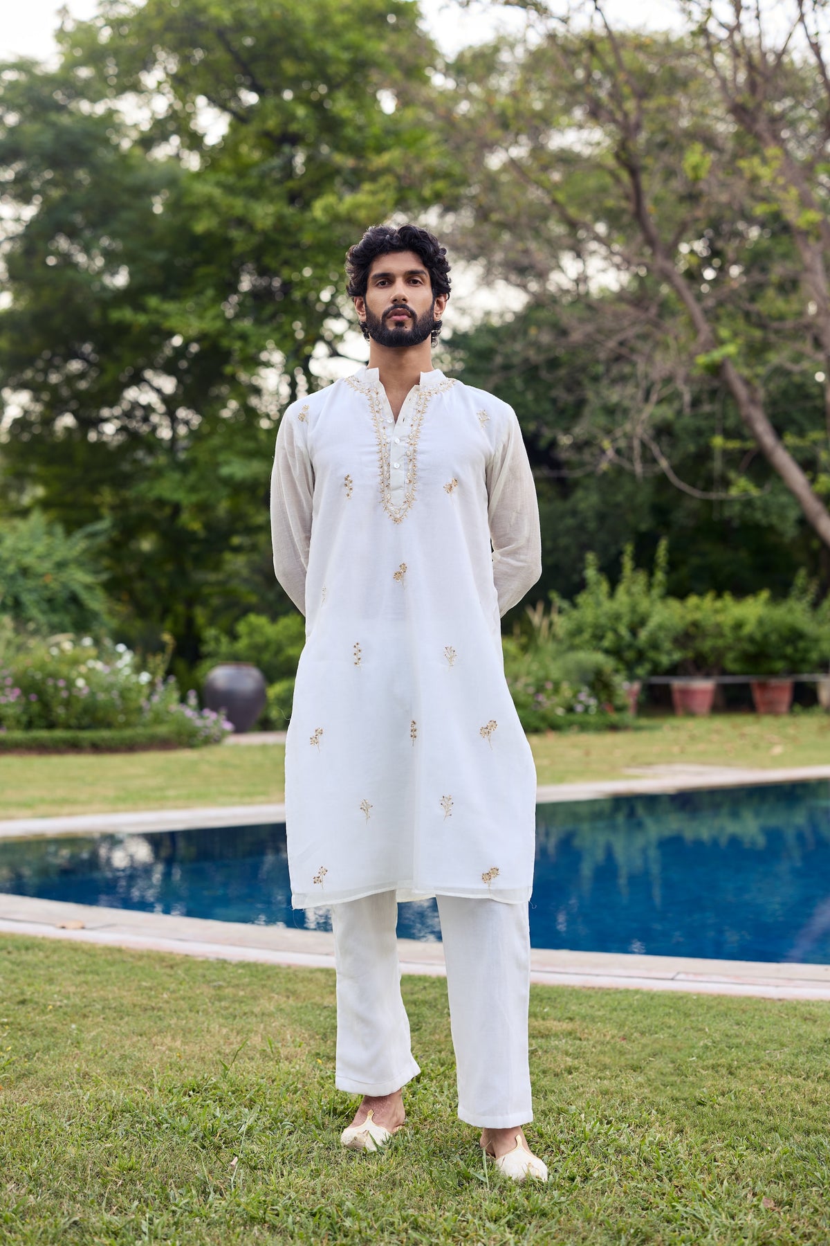 Off White Men Chanderi Kurta Set