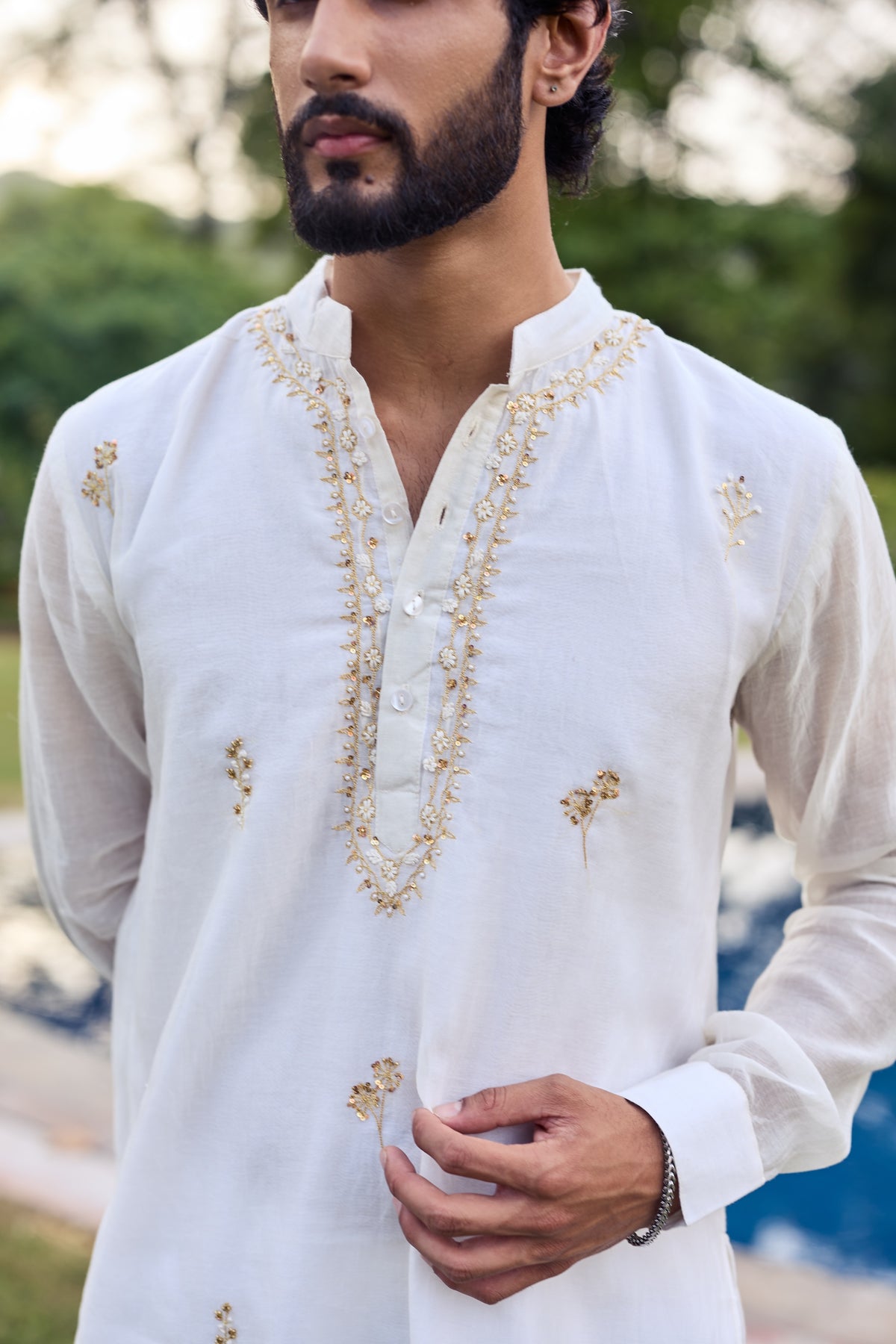 Off White Men Chanderi Kurta Set