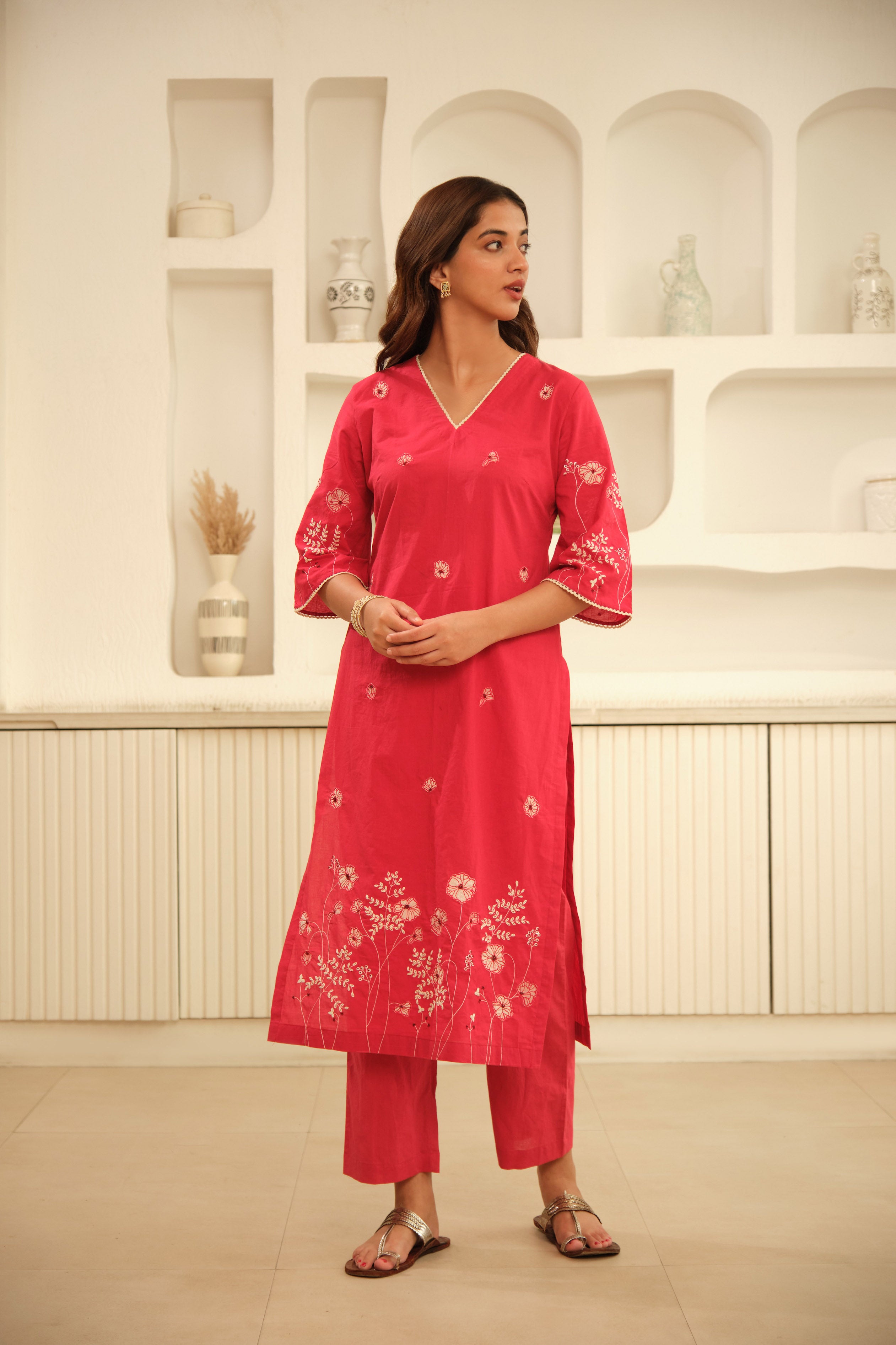 Red Hand Embrodiery with Lace details cotton kurta set