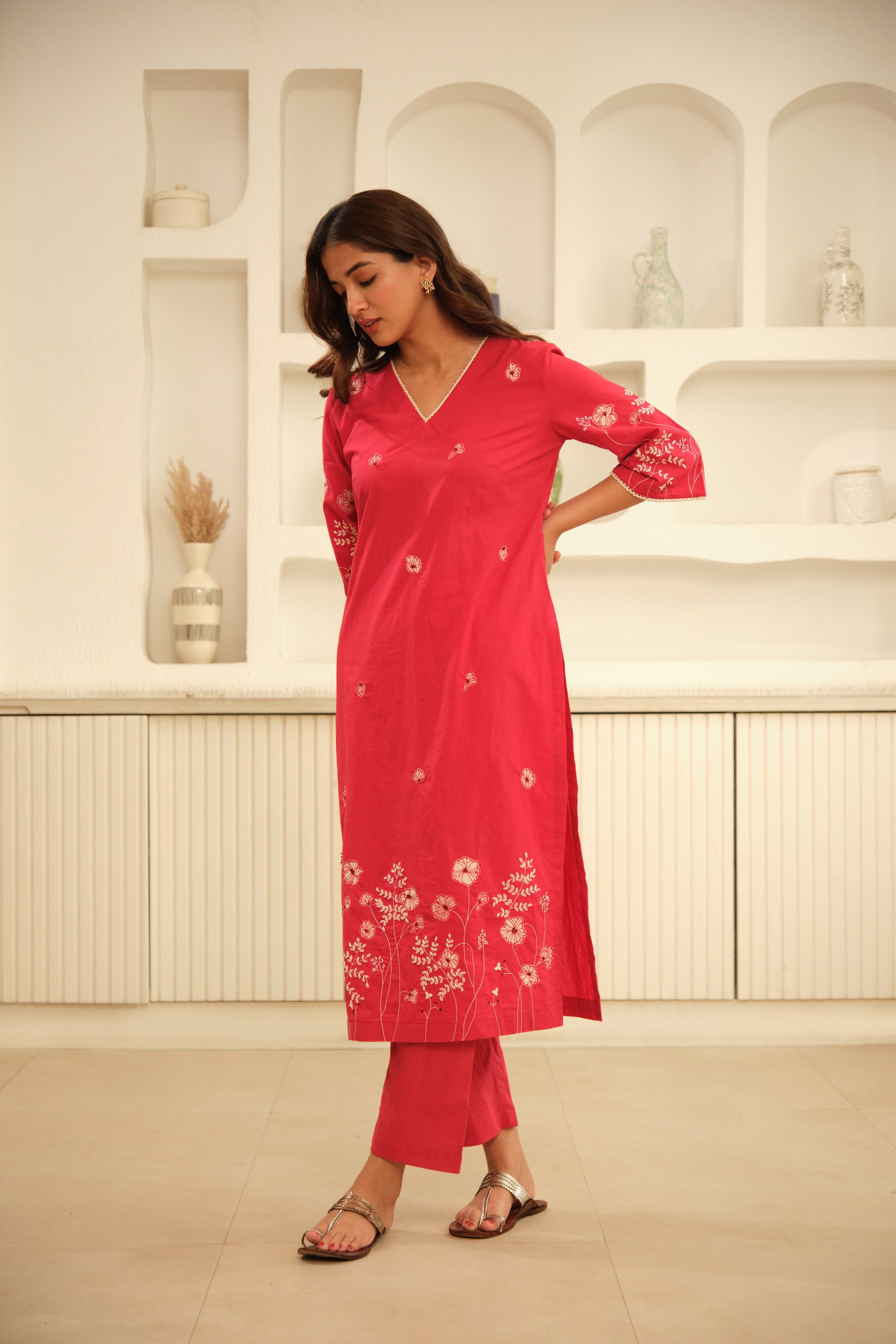 Red Hand Embrodiery with Lace details cotton kurta set