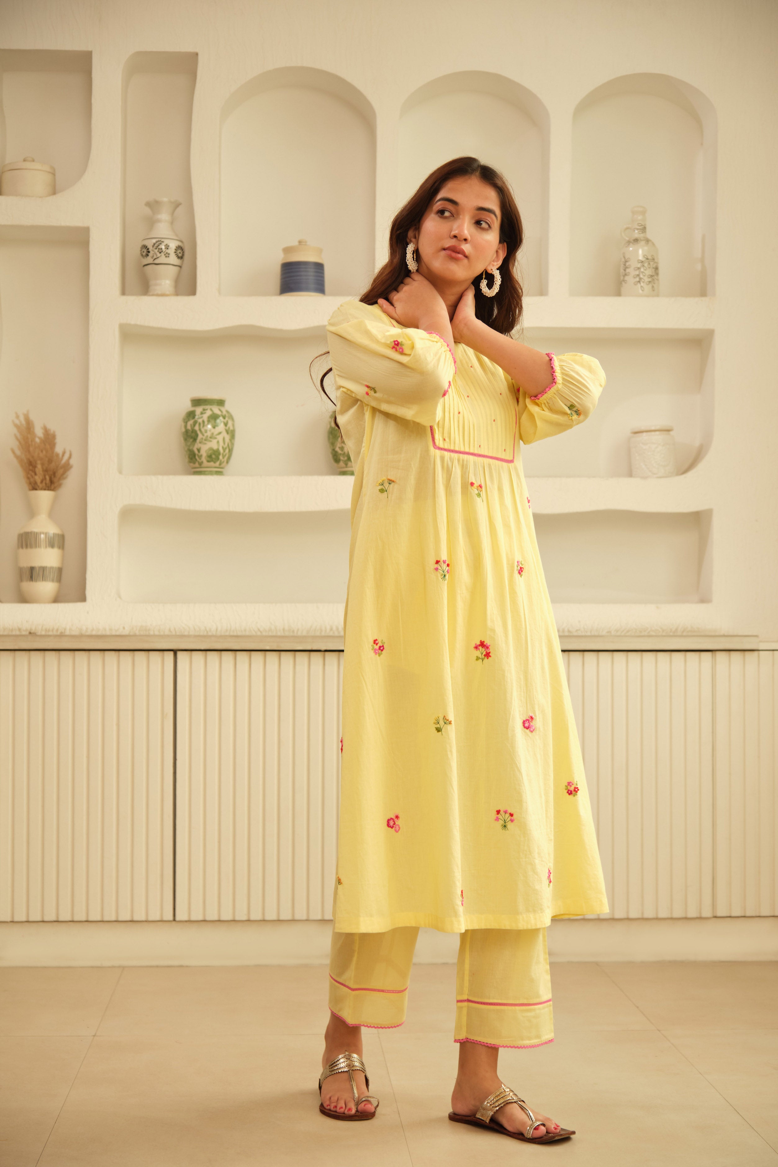 Lemon-Yellow Hand Embroidered Cotton Kurta Set