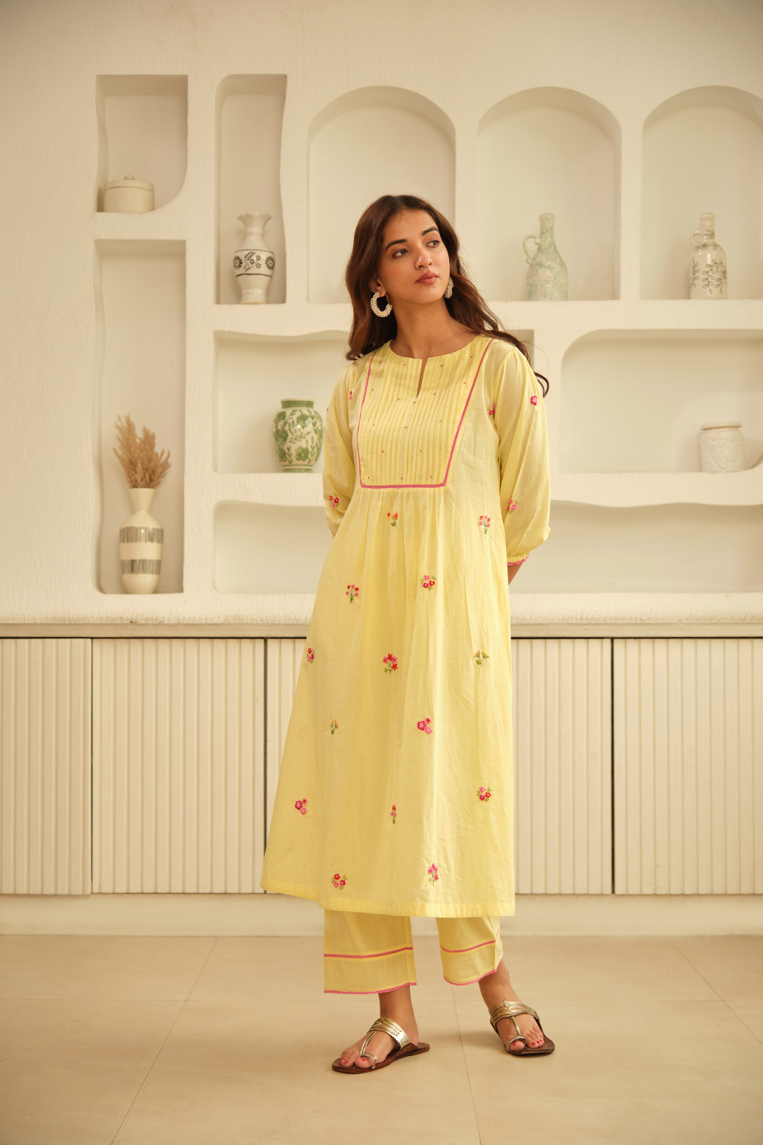 Lemon-Yellow Hand Embroidered Cotton Kurta Set