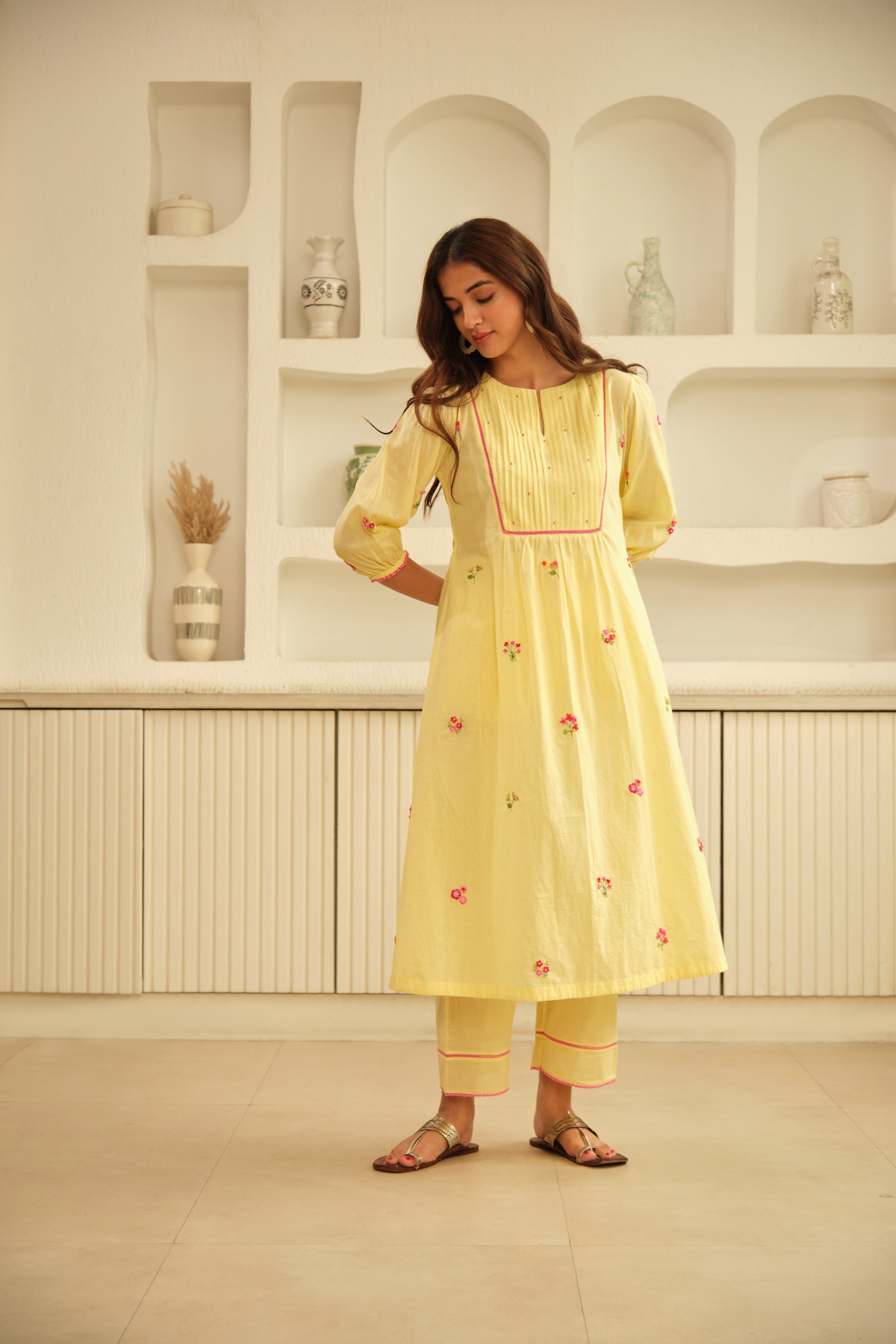 Lemon-Yellow Hand Embroidered Cotton Kurta Set