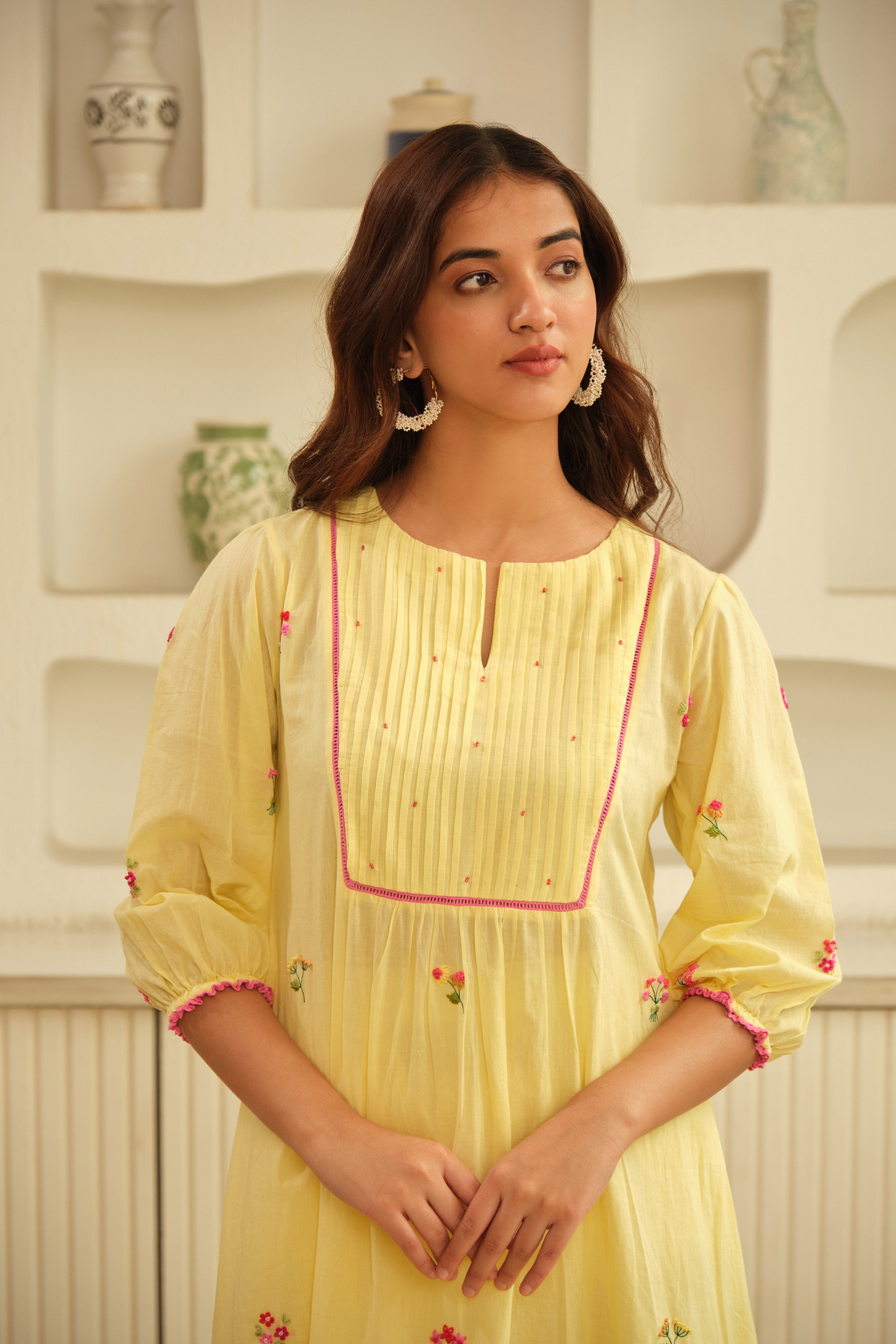 Lemon-Yellow Hand Embroidered Cotton Kurta Set