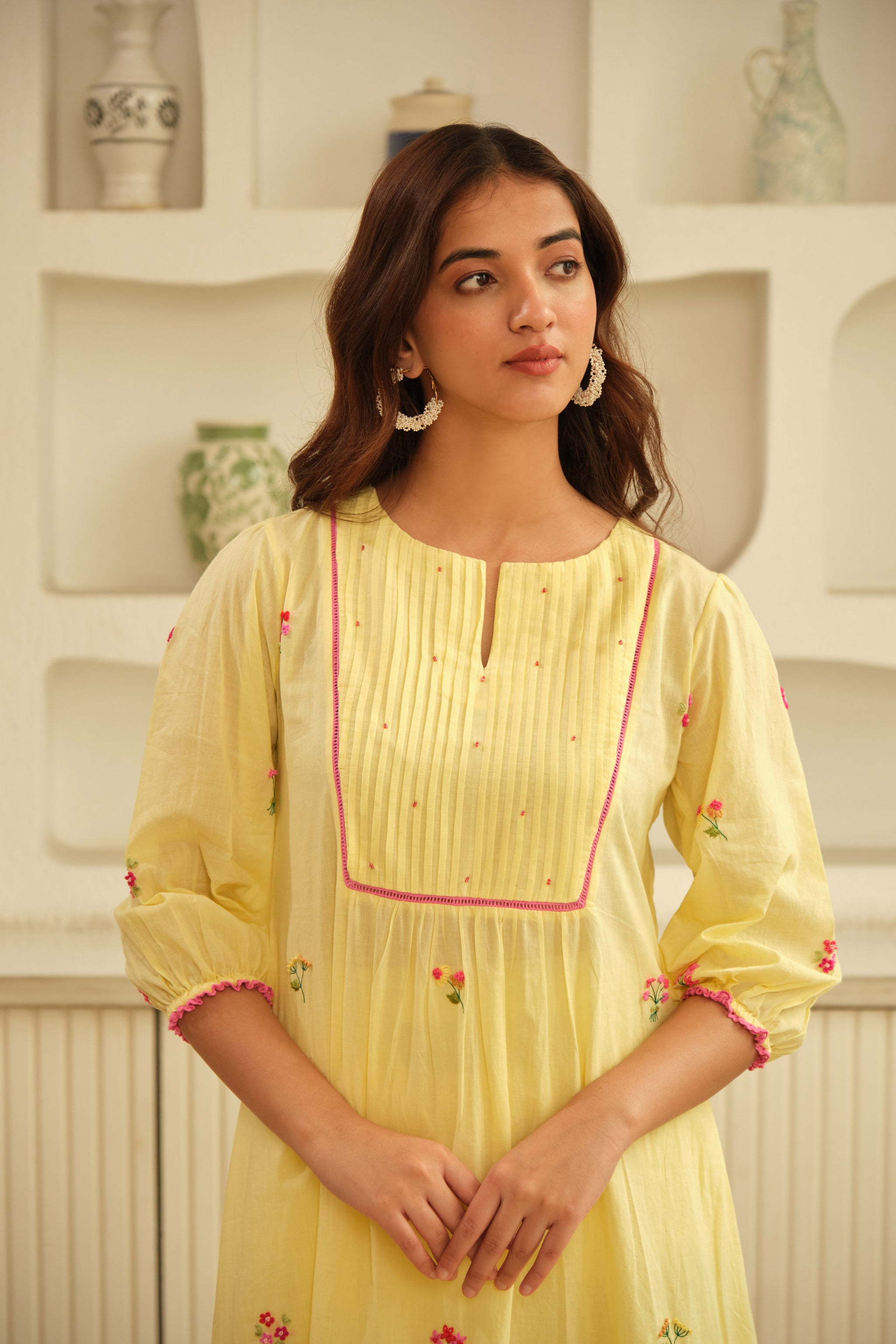 Pastel yellow one side thread embroidered kurta set