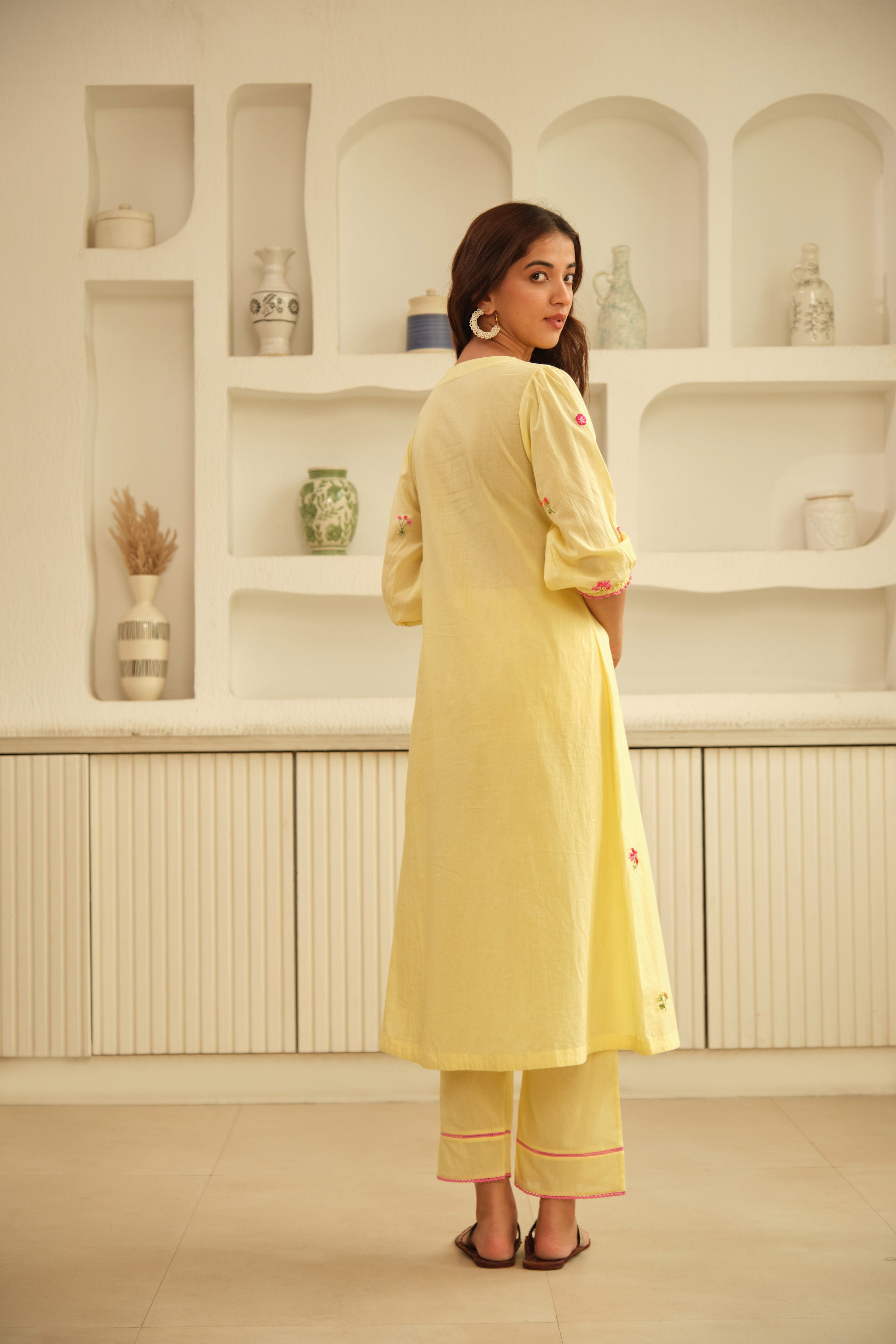 Lemon-Yellow Hand Embroidered Cotton Kurta Set
