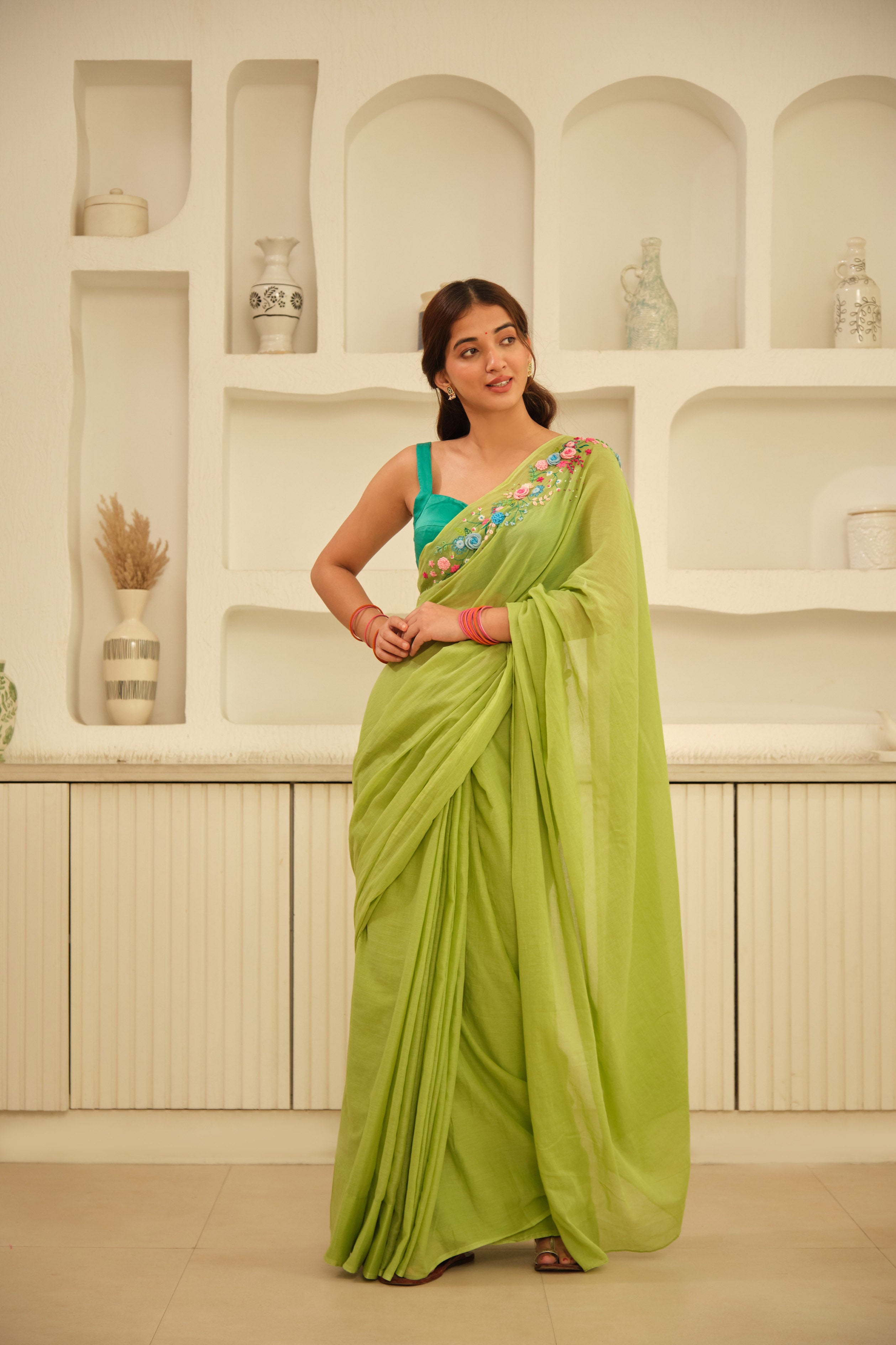 Green Crochet Floral Hand Embroidered Cotton Sari