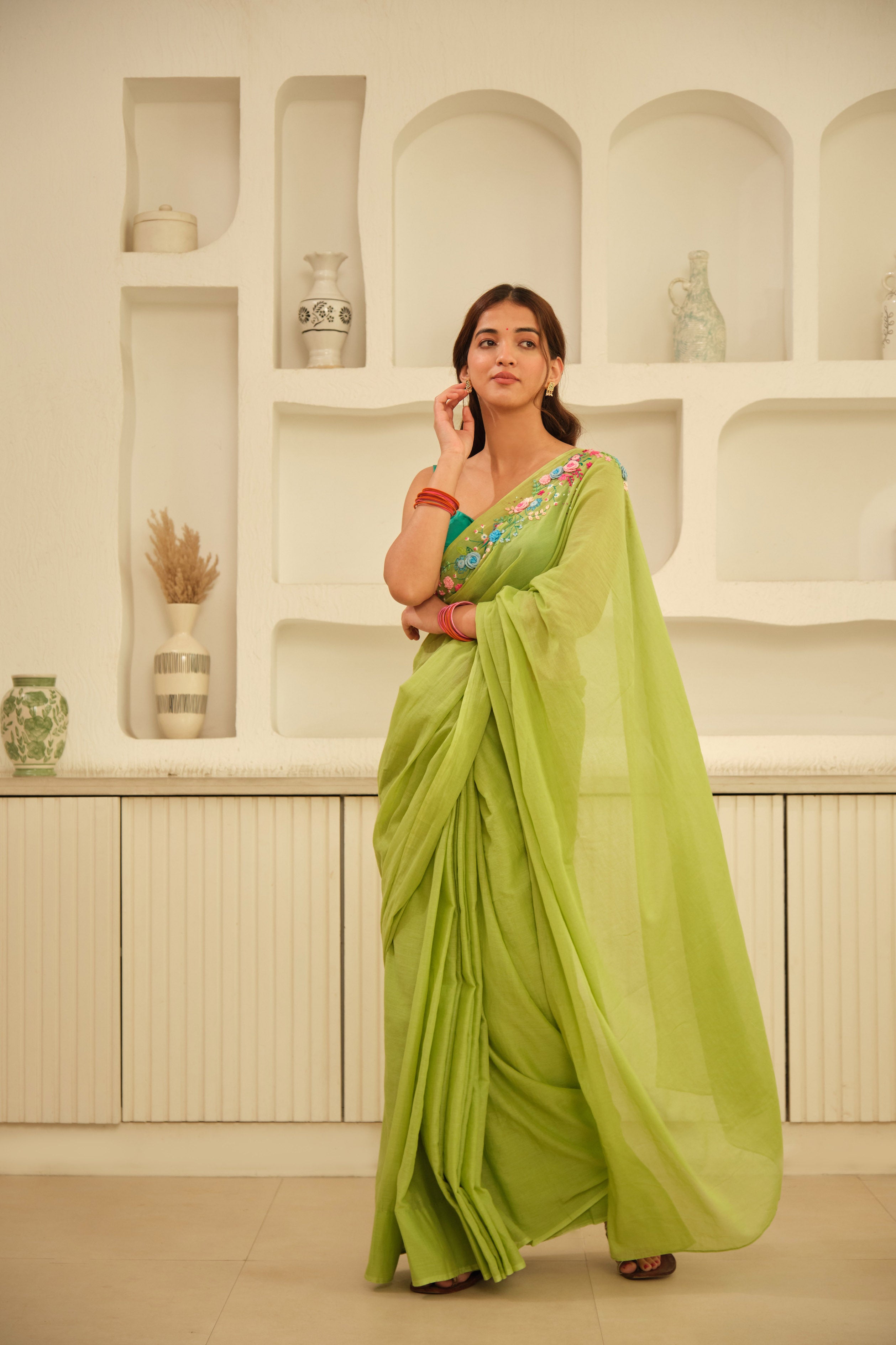 Green Crochet Floral Hand Embroidered Cotton Sari