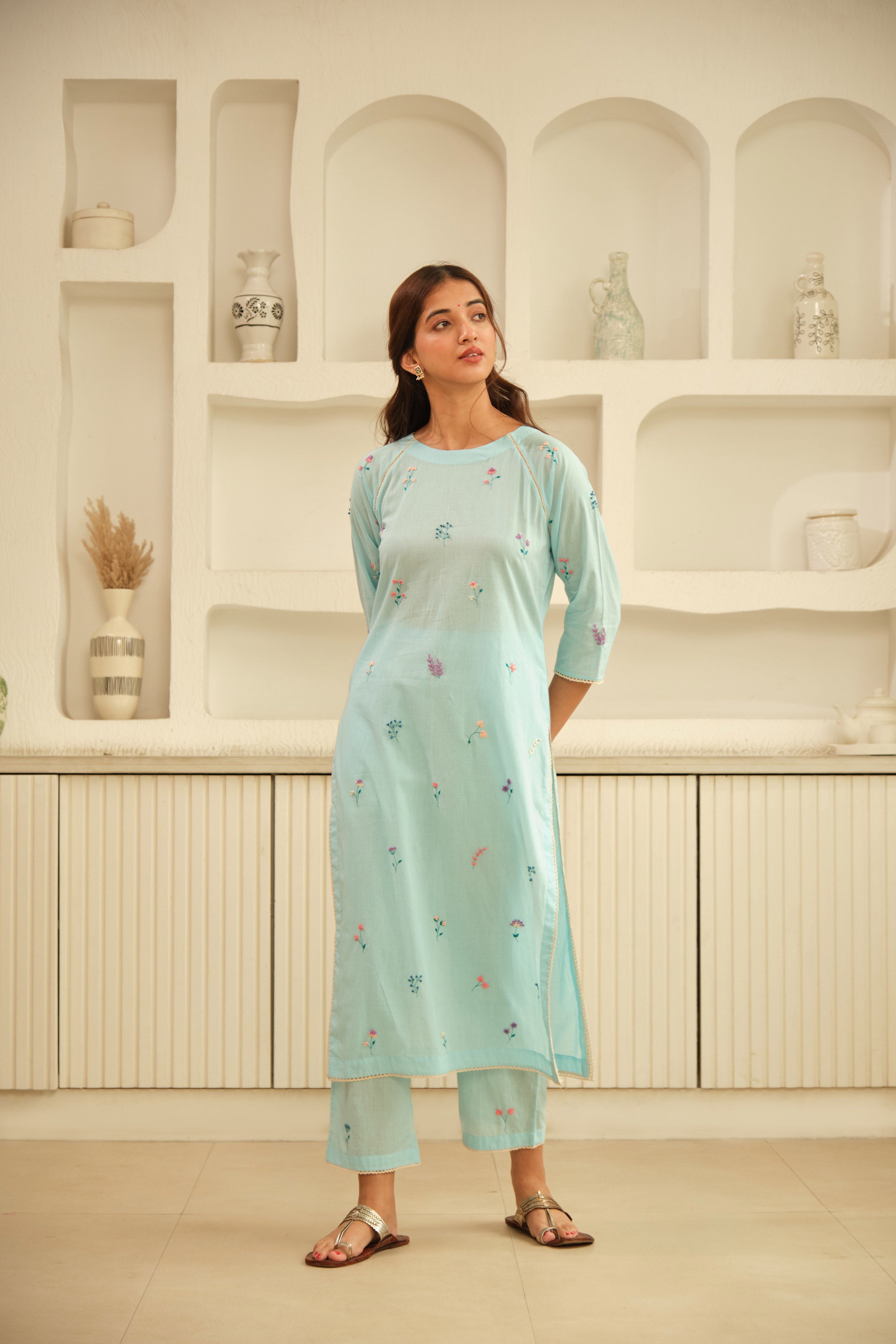 Light Blue Floral Hand Embroidered kurta Set