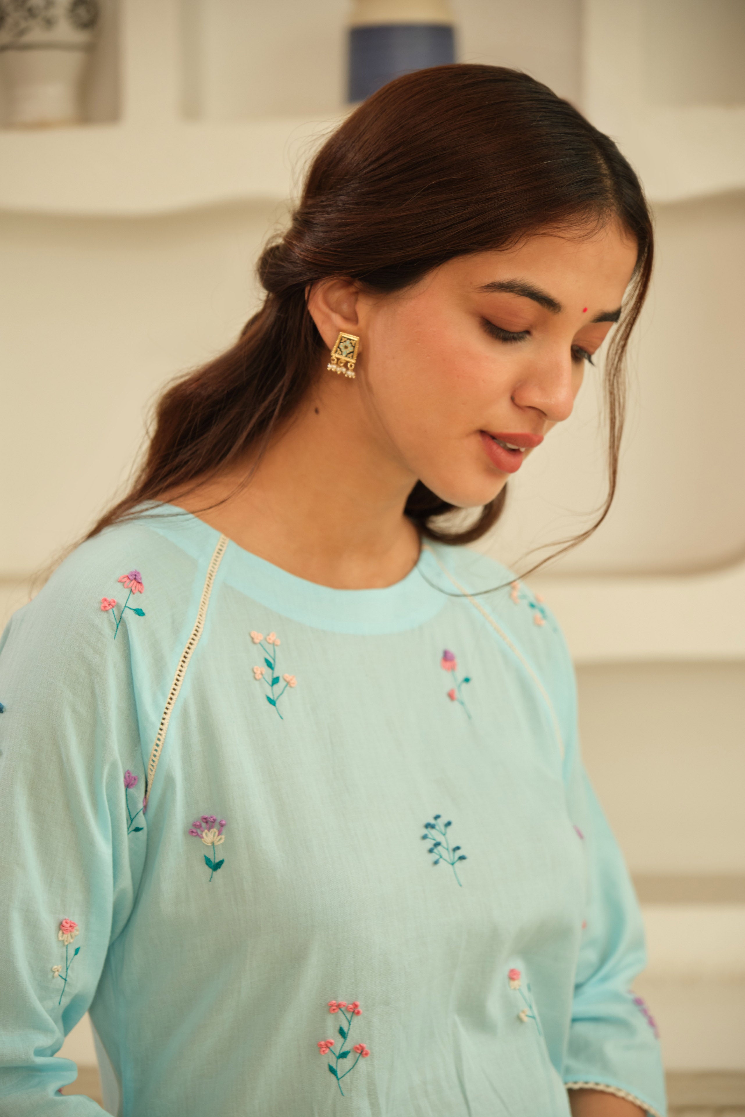 Light Blue Floral Hand Embroidered kurta Set
