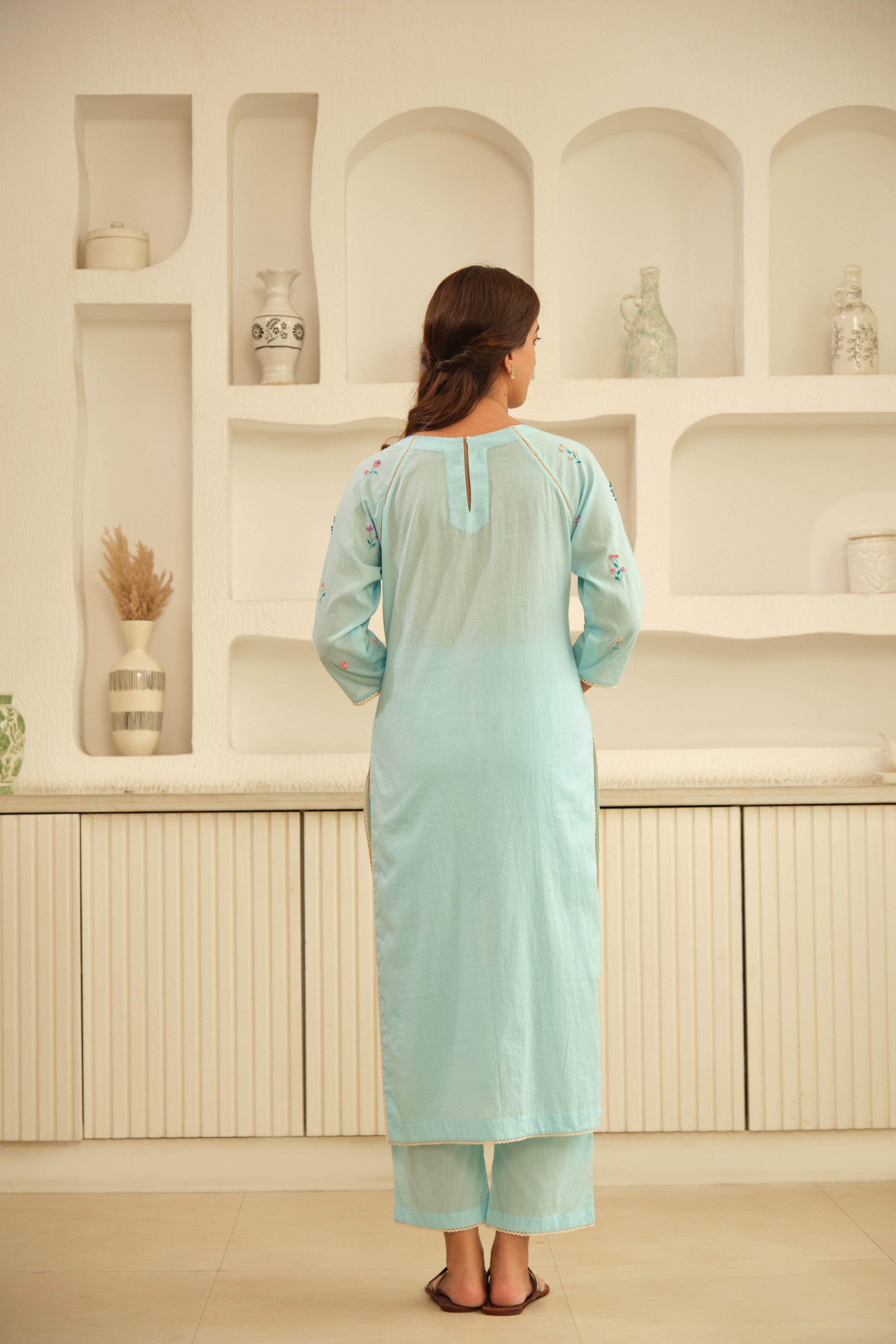 Light Blue Floral Hand Embroidered kurta Set
