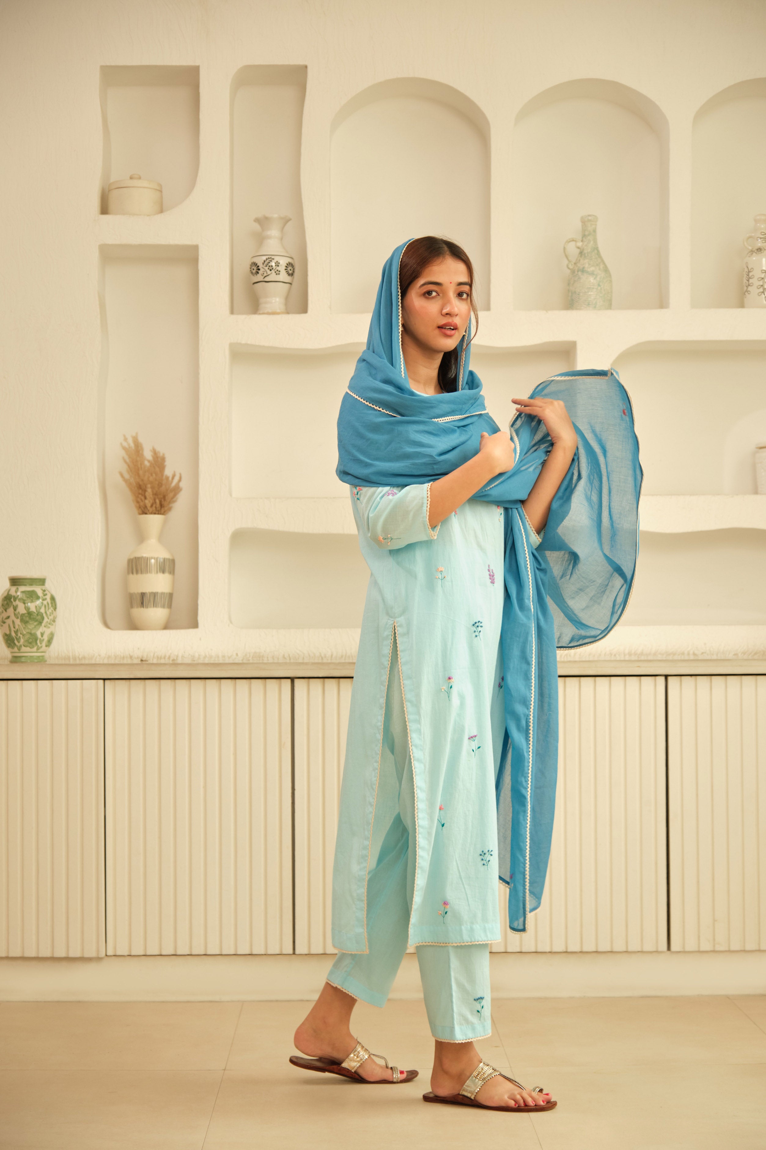 Light Blue Floral Hand Embroidered kurta Set