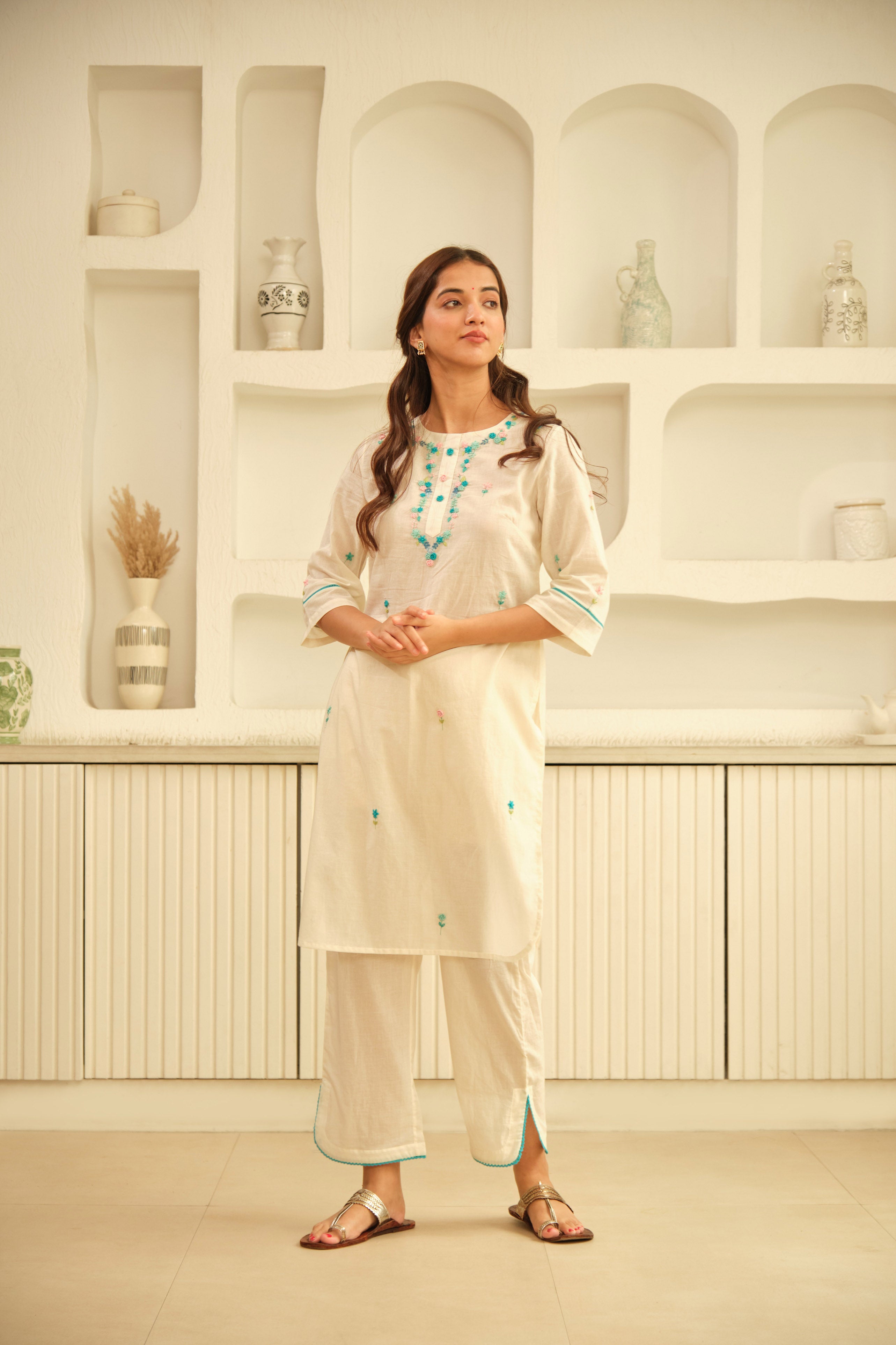 Off White Crochet Embroidered Kurta Set