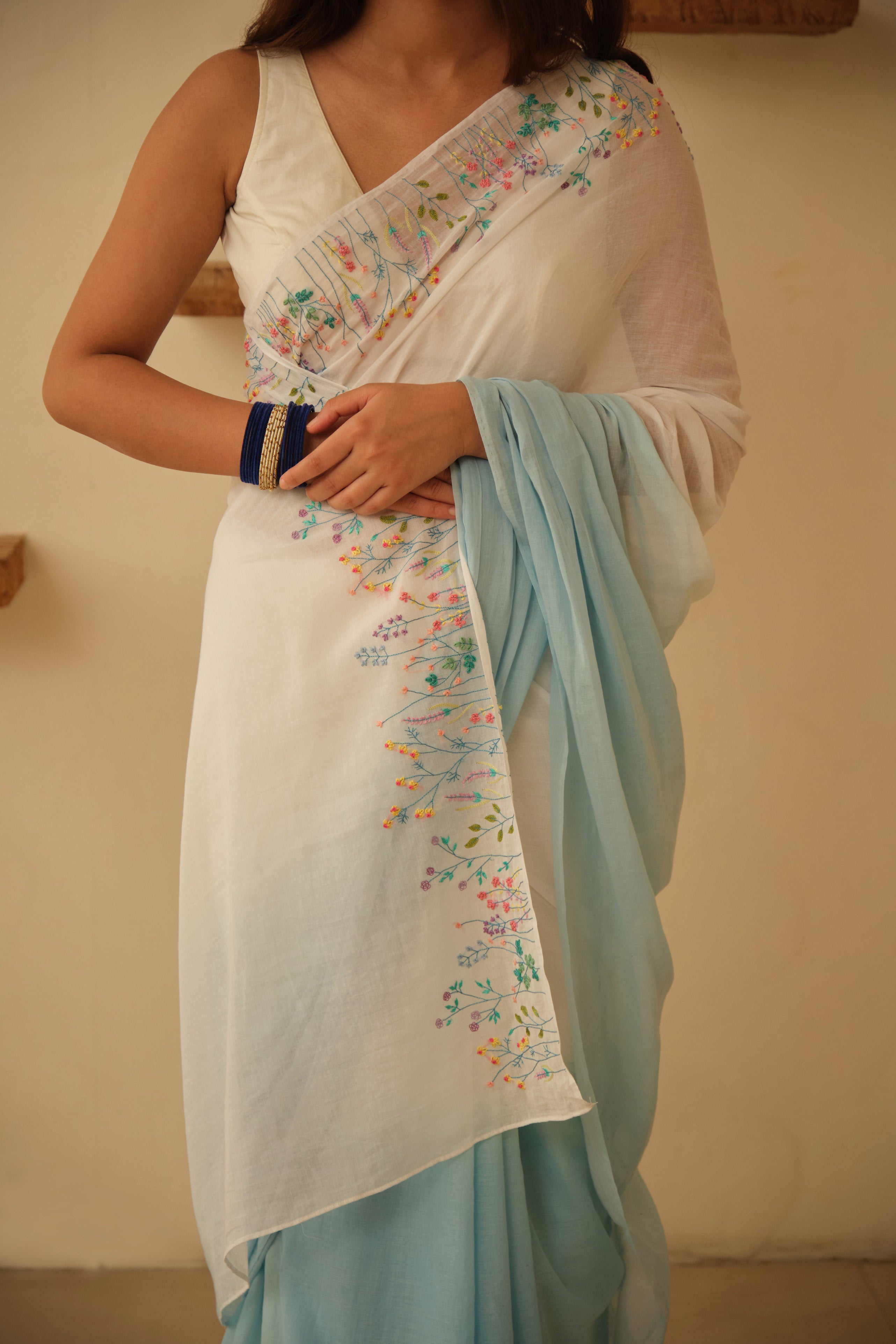 White & Blue Ombre Floral Hand Embroidered Cotton Sari