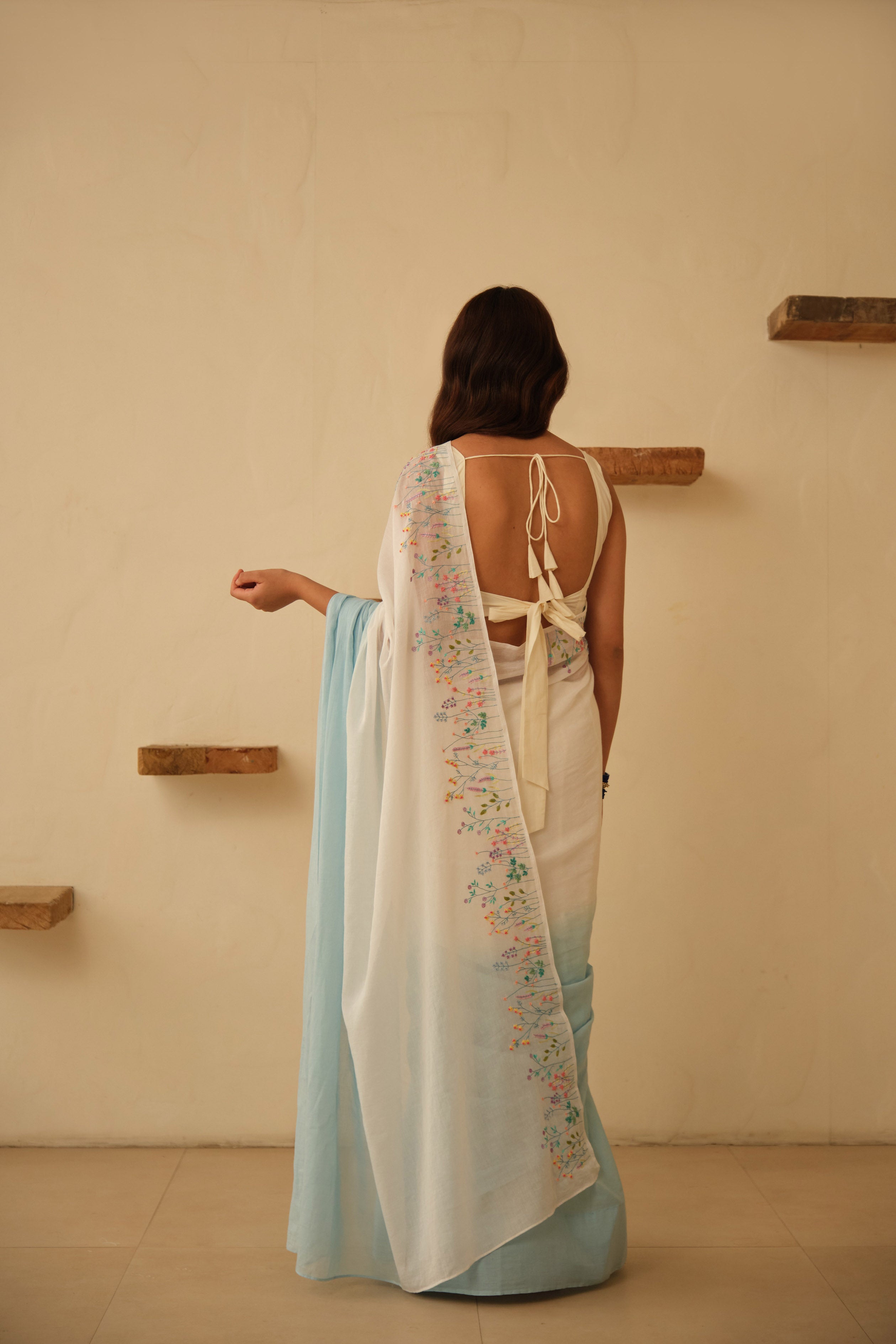 White & Blue Ombre Floral Hand Embroidered Cotton Sari
