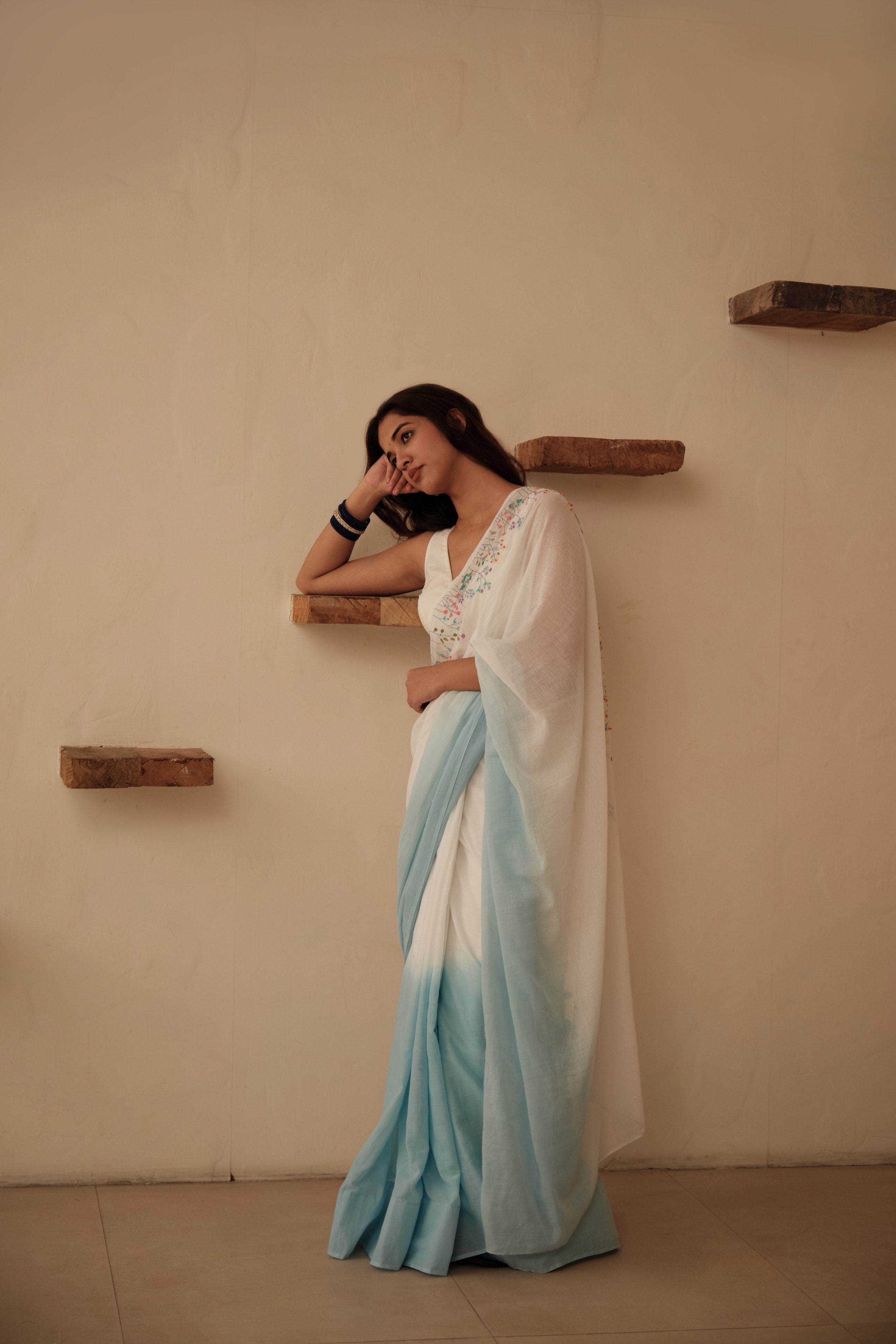 White & Blue Ombre Floral Hand Embroidered Cotton Sari