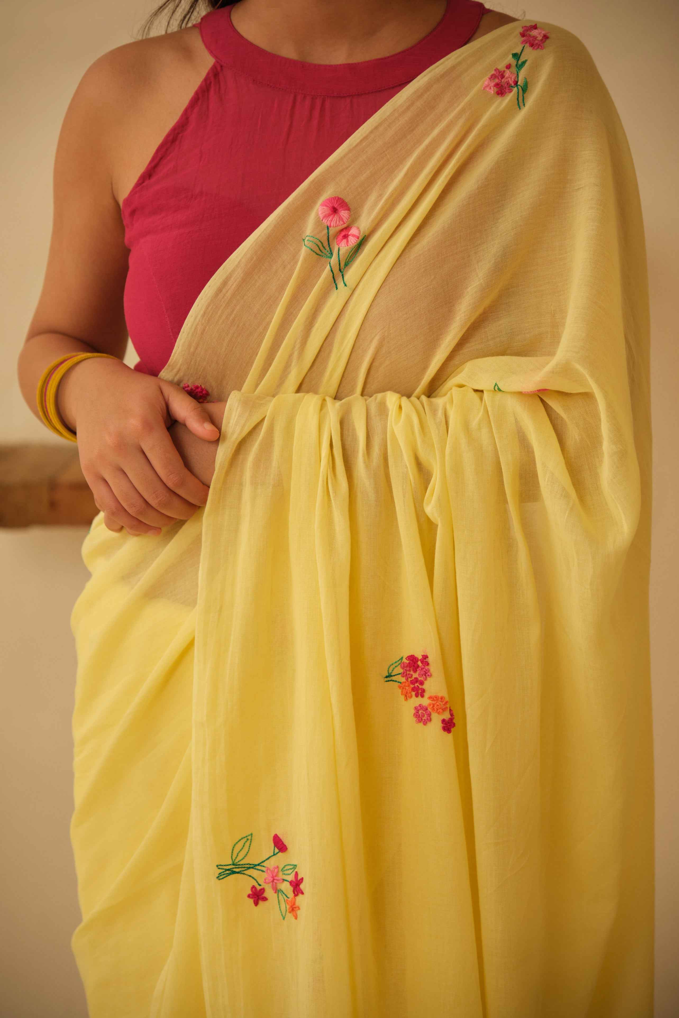 Yellow Floral Hand Embroidered Cotton Sari