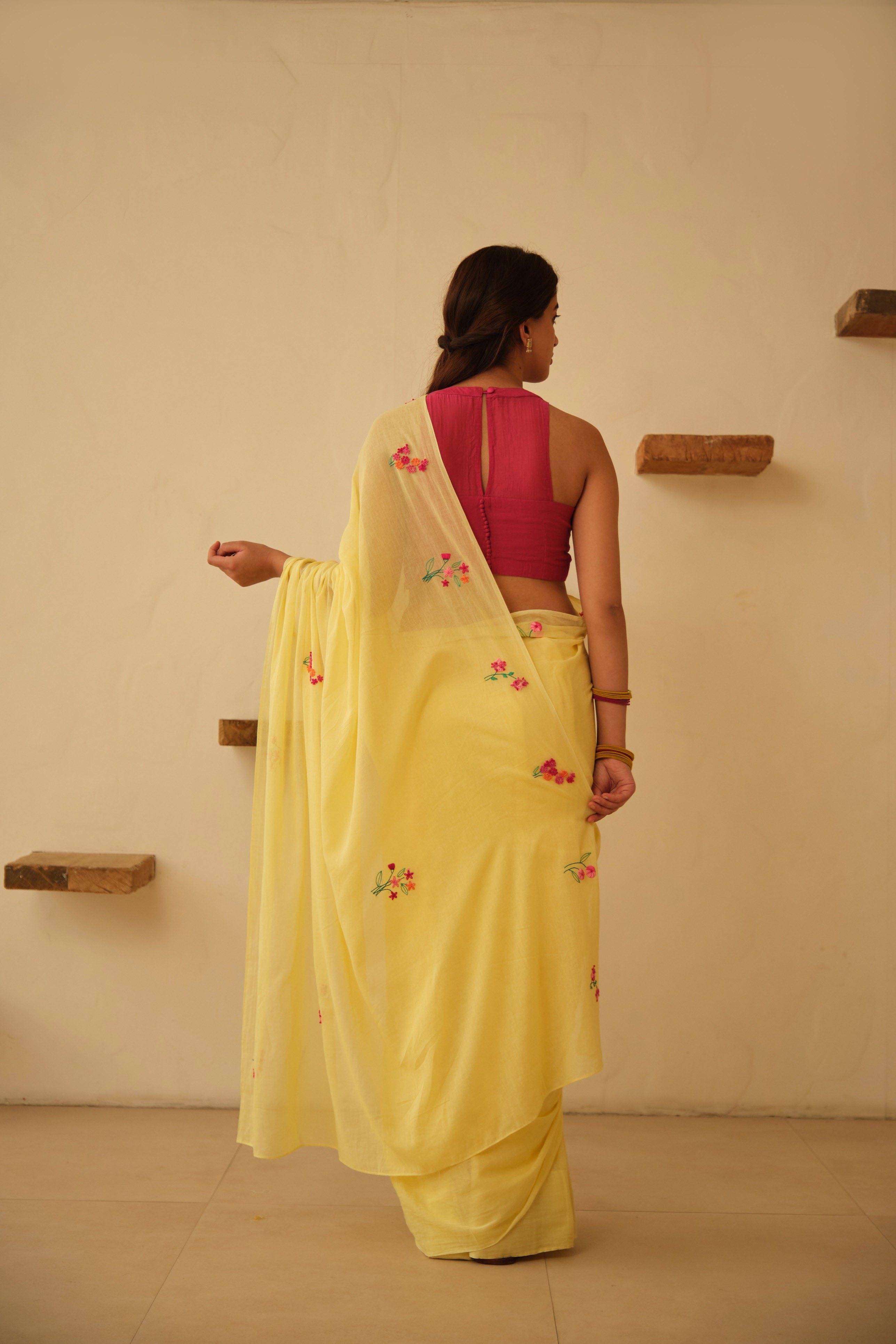 Yellow Floral Hand Embroidered Cotton Sari
