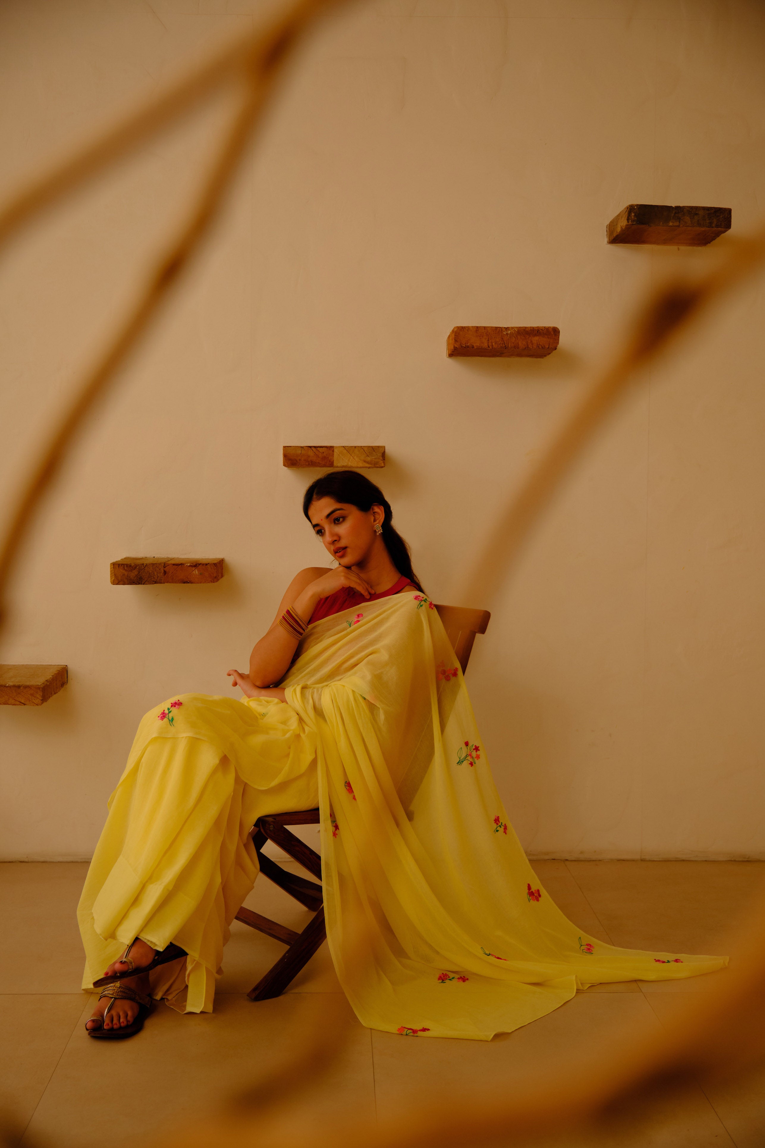 Yellow Floral Hand Embroidered Cotton Sari