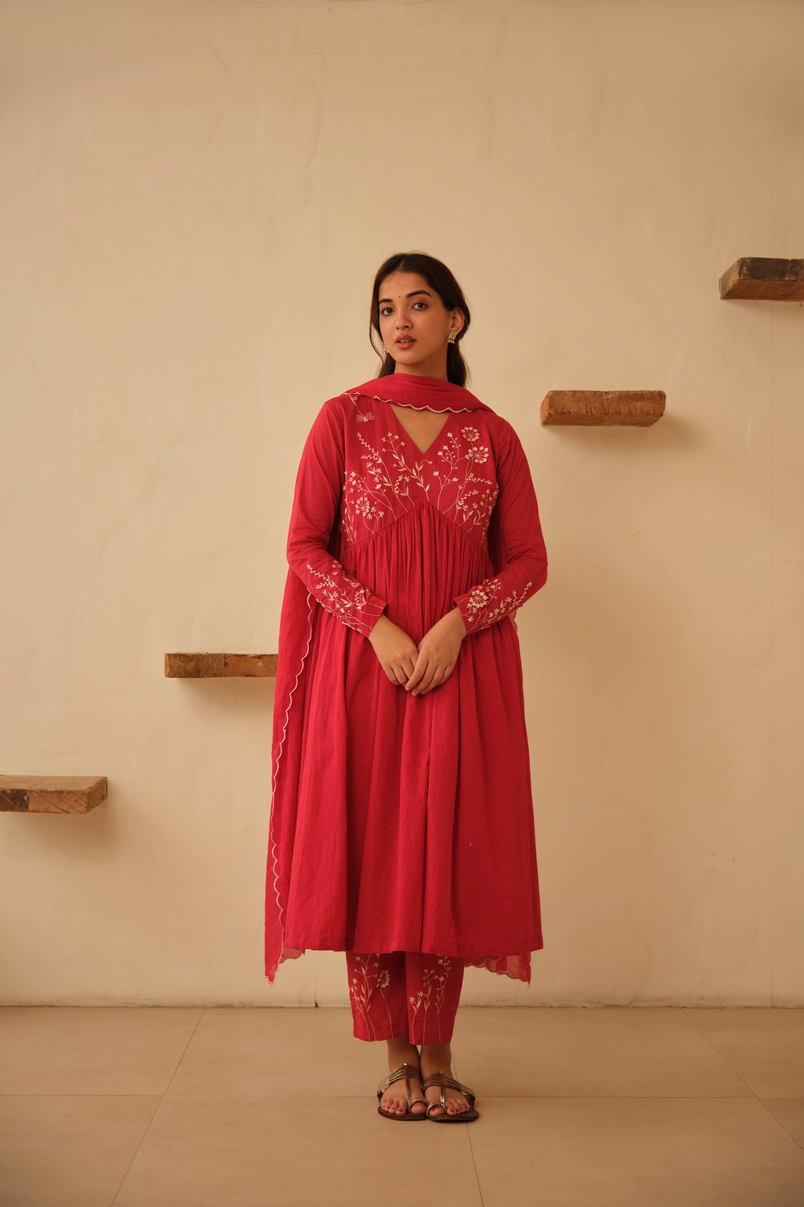 Red Floral Hand Embroidered Cotton Kurta Set