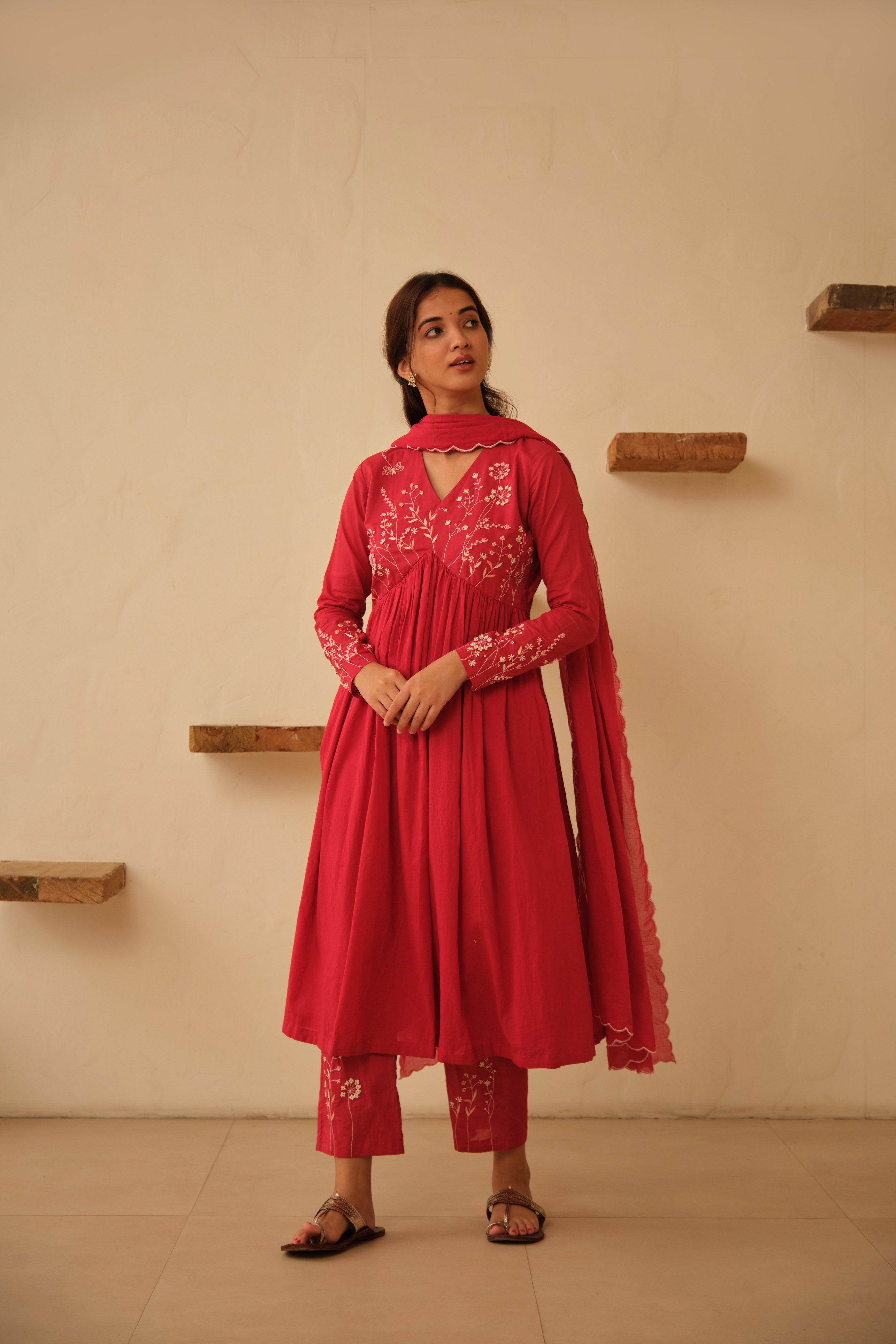 Red Floral Hand Embroidered Cotton Kurta Set