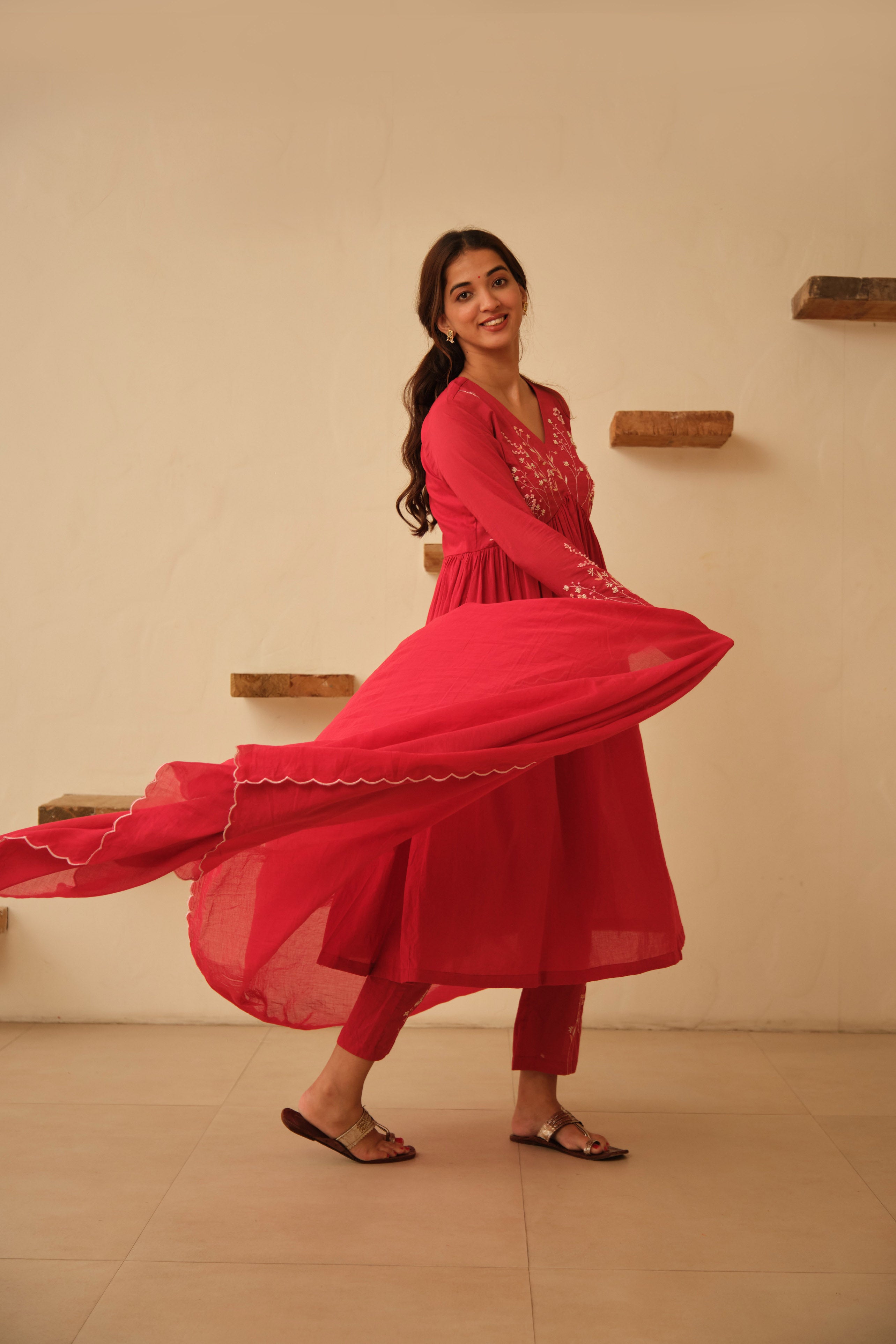 Red Floral Hand Embroidered Cotton Kurta Set