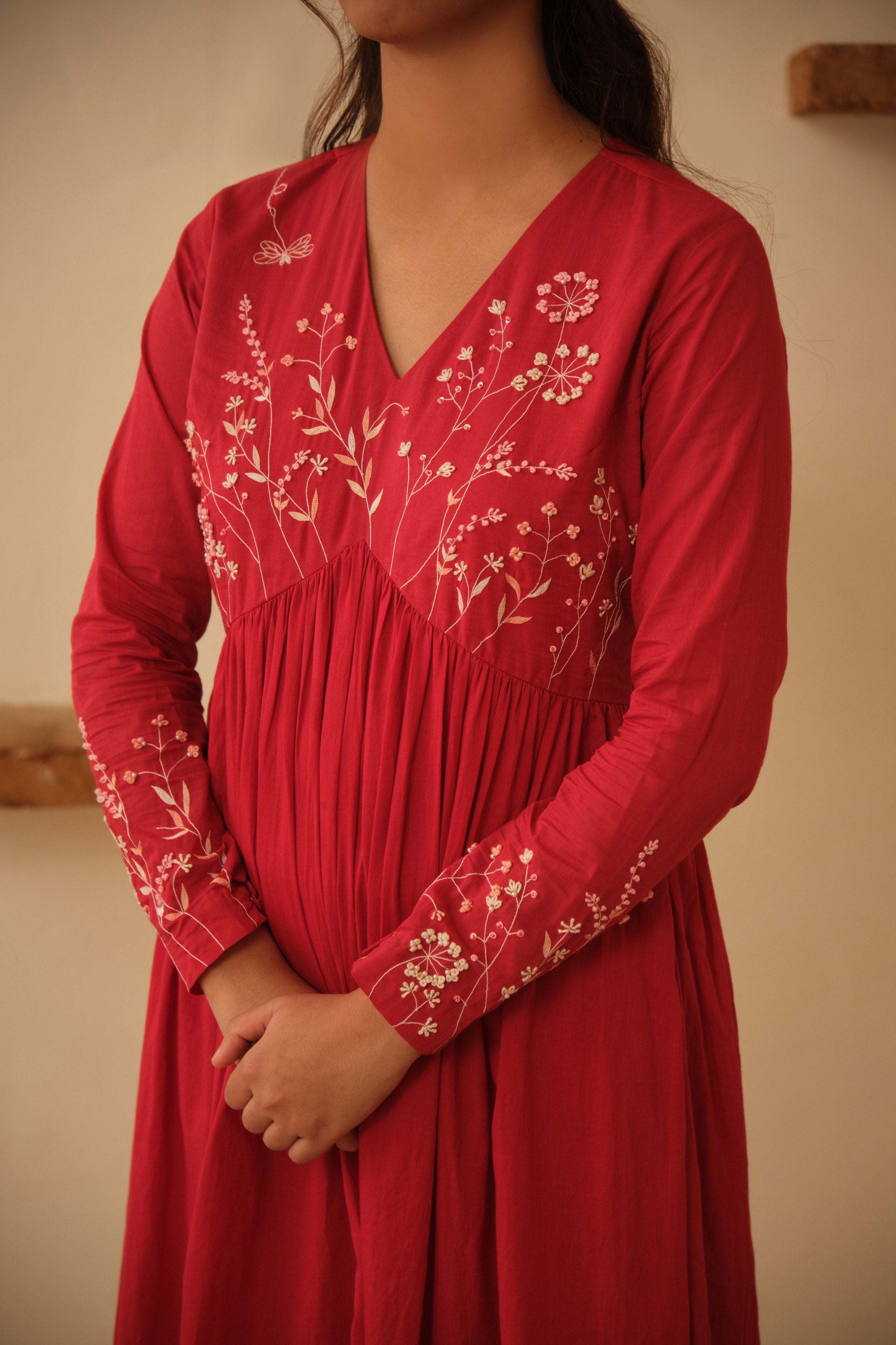 Red Floral Hand Embroidered Cotton Kurta Set
