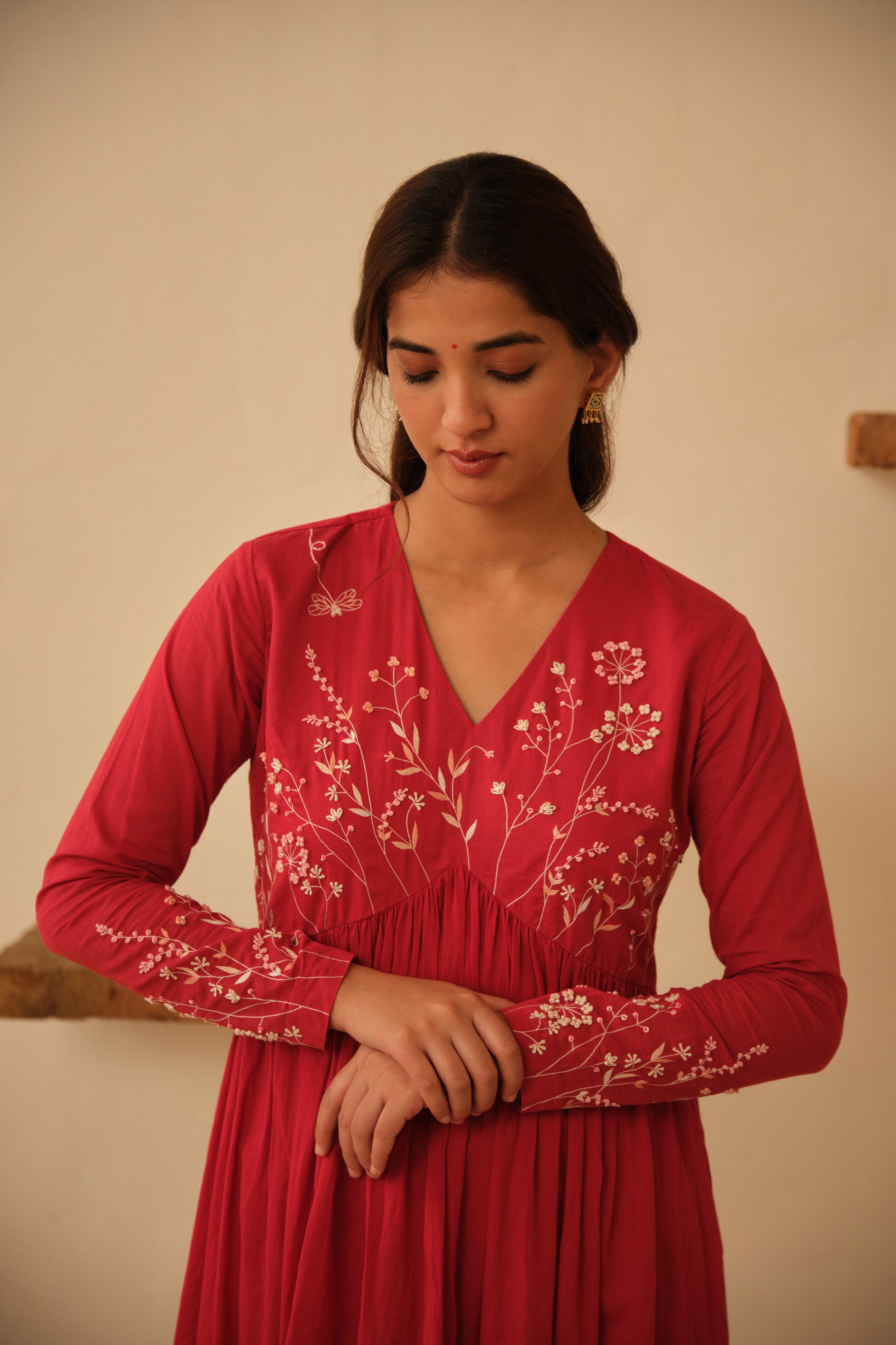Red Floral Hand Embroidered Cotton Kurta Set