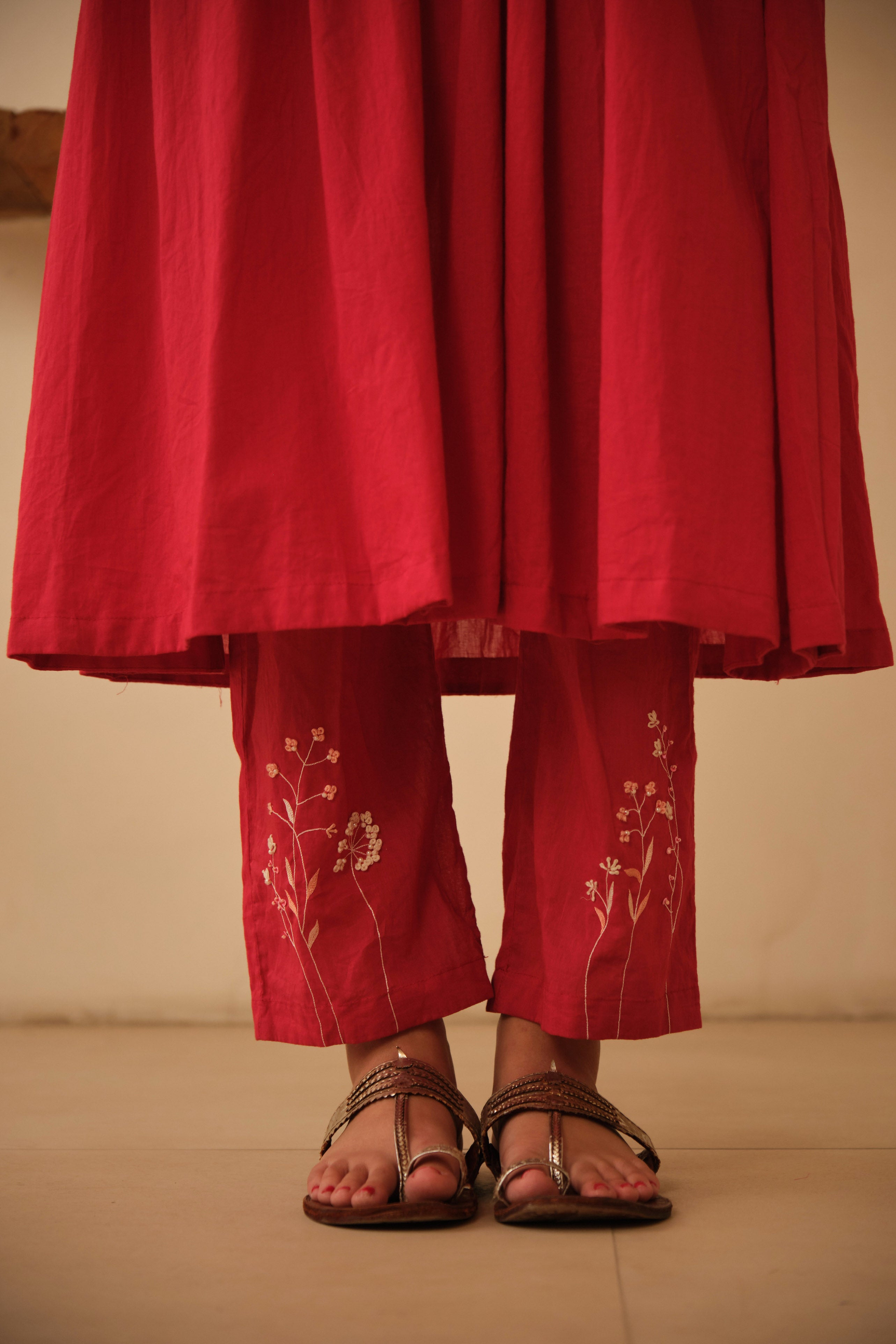 Red Floral Hand Embroidered Cotton Kurta Set