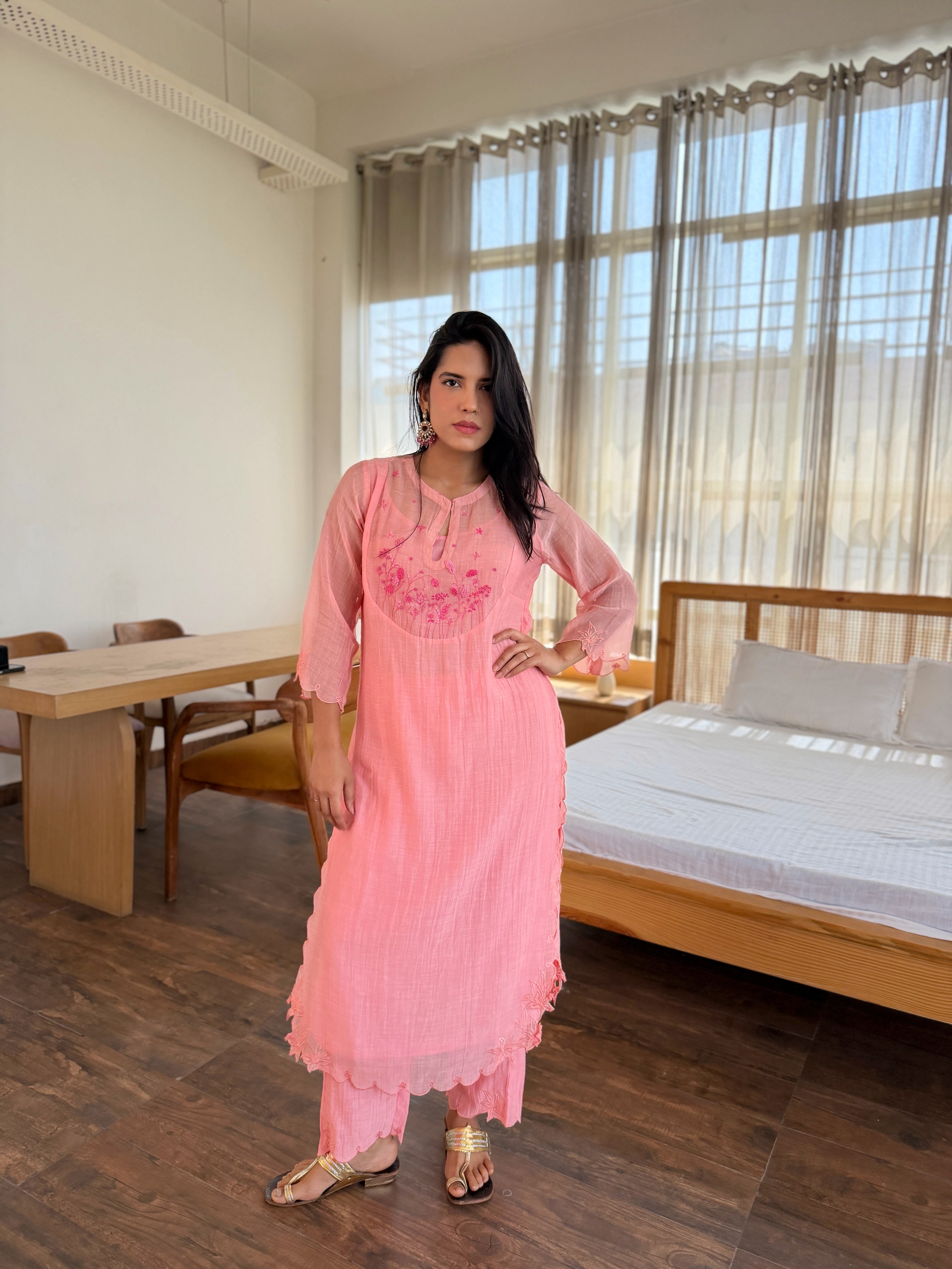 Peach MIshri Chanderi Kurta Set