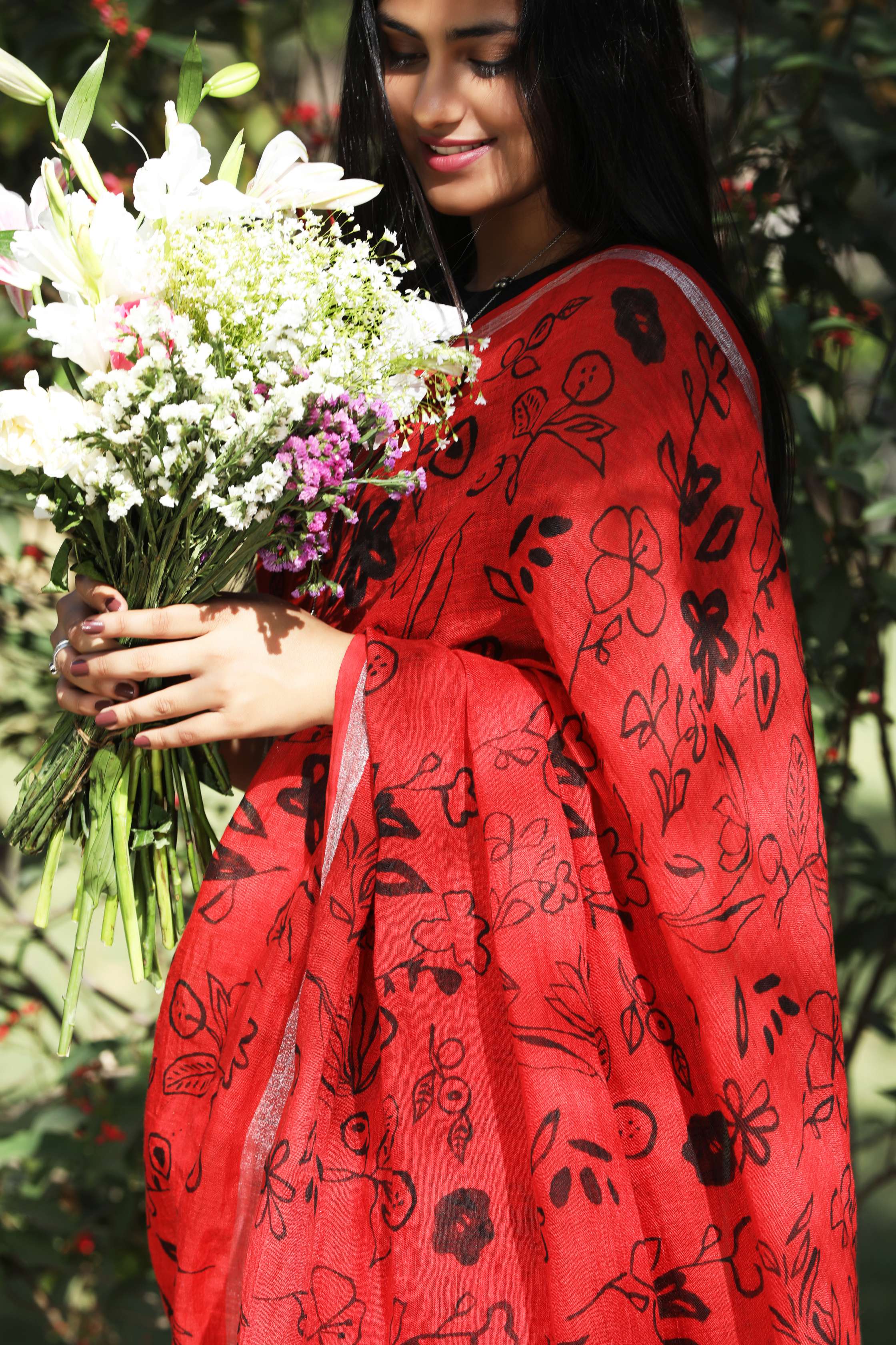 Gulmohar I Handpainted Linen Sari - kavana.in
