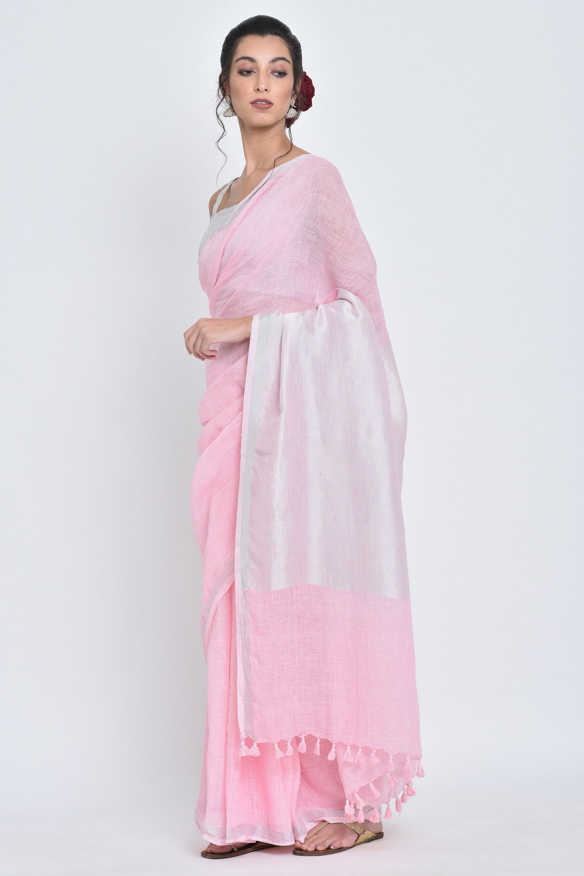 Savni I Handwoven Pink Linen Sari - kavana.in