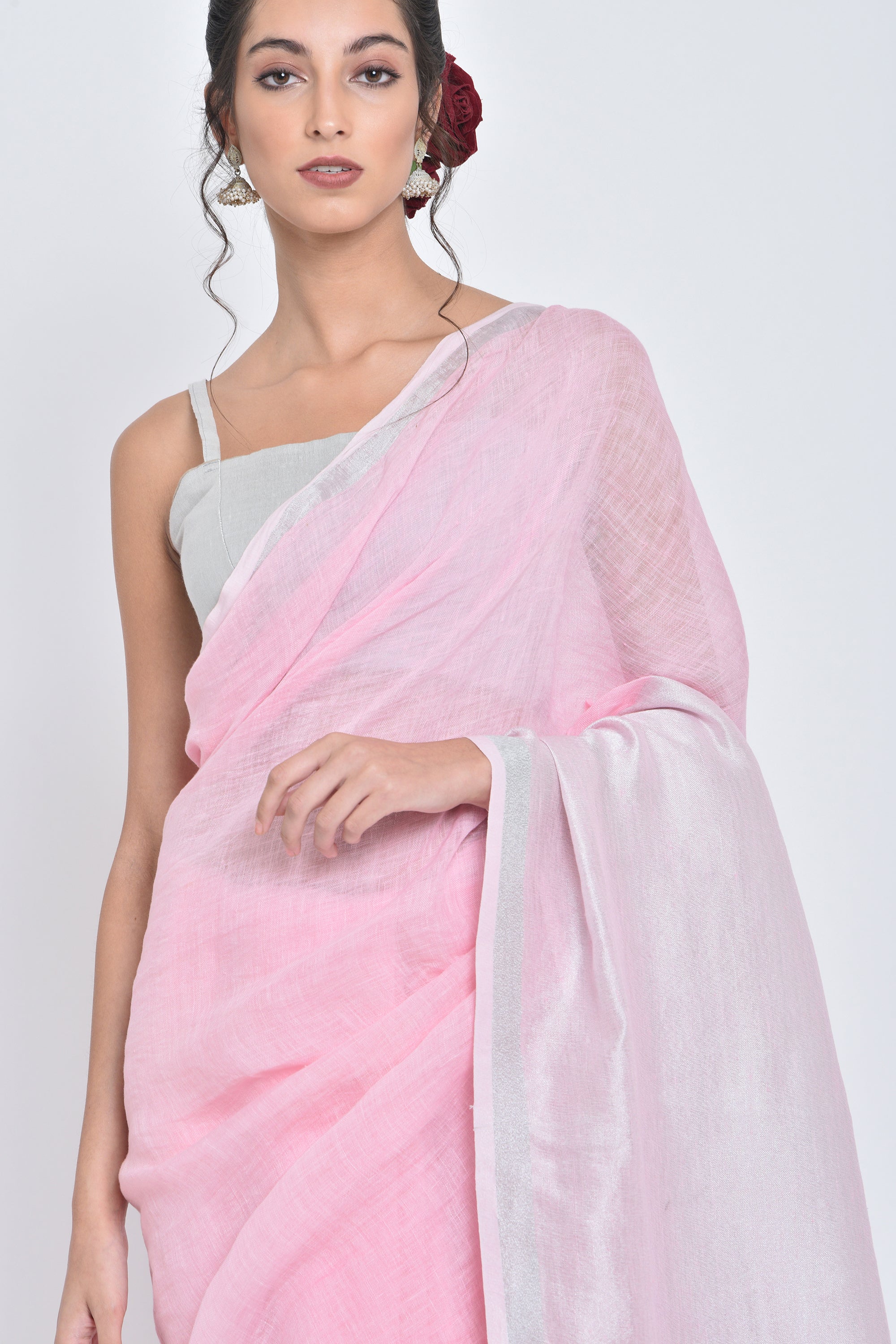 Savni I Handwoven Pink Linen Sari - kavana.in