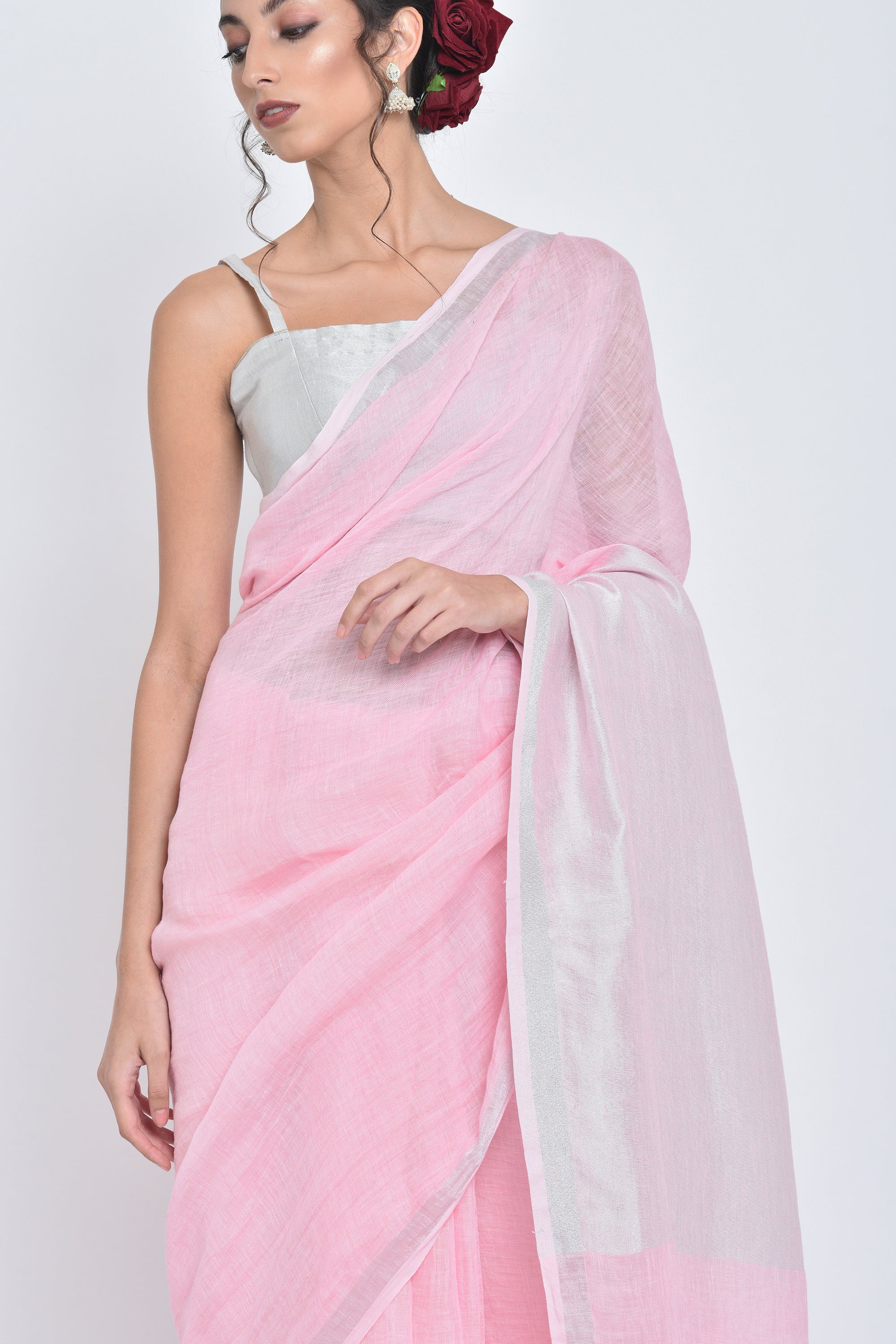 Savni I Handwoven Pink Linen Sari - kavana.in