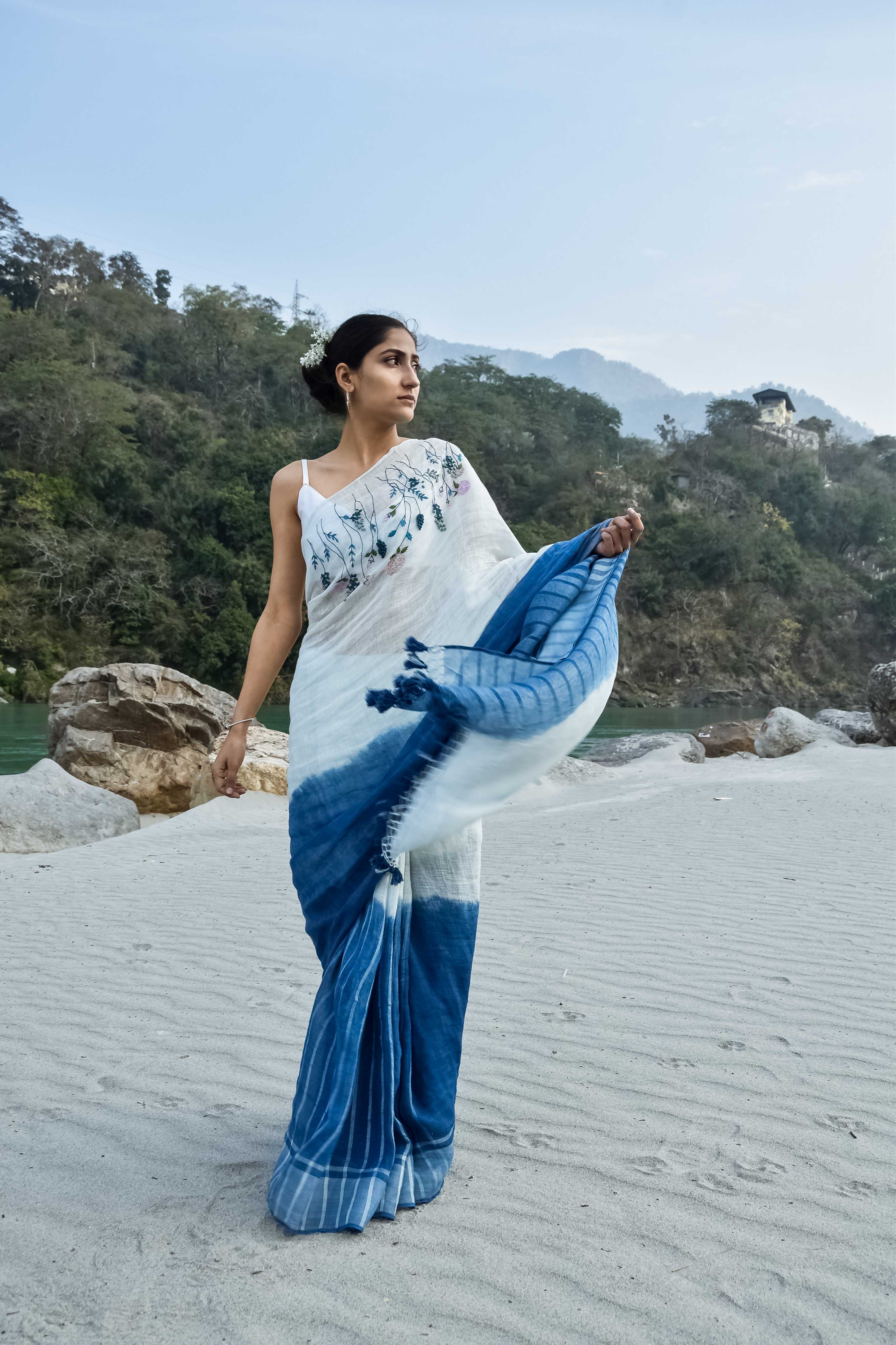 Amber I 100% Handwoven Linen Sari with Hand Embroidery - kavana.in