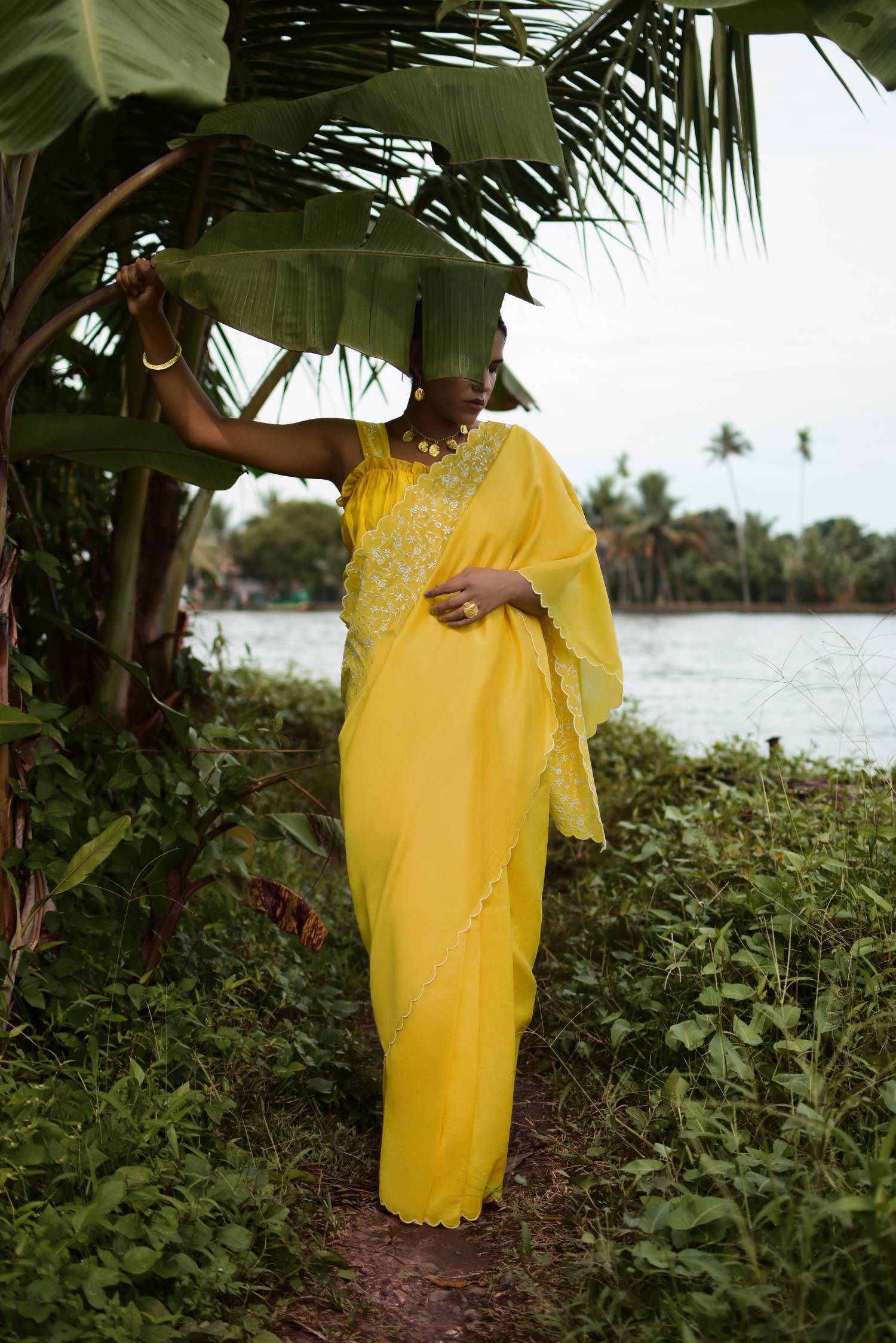 Anise │Yellow handwoven chanderi sari - kavana.in