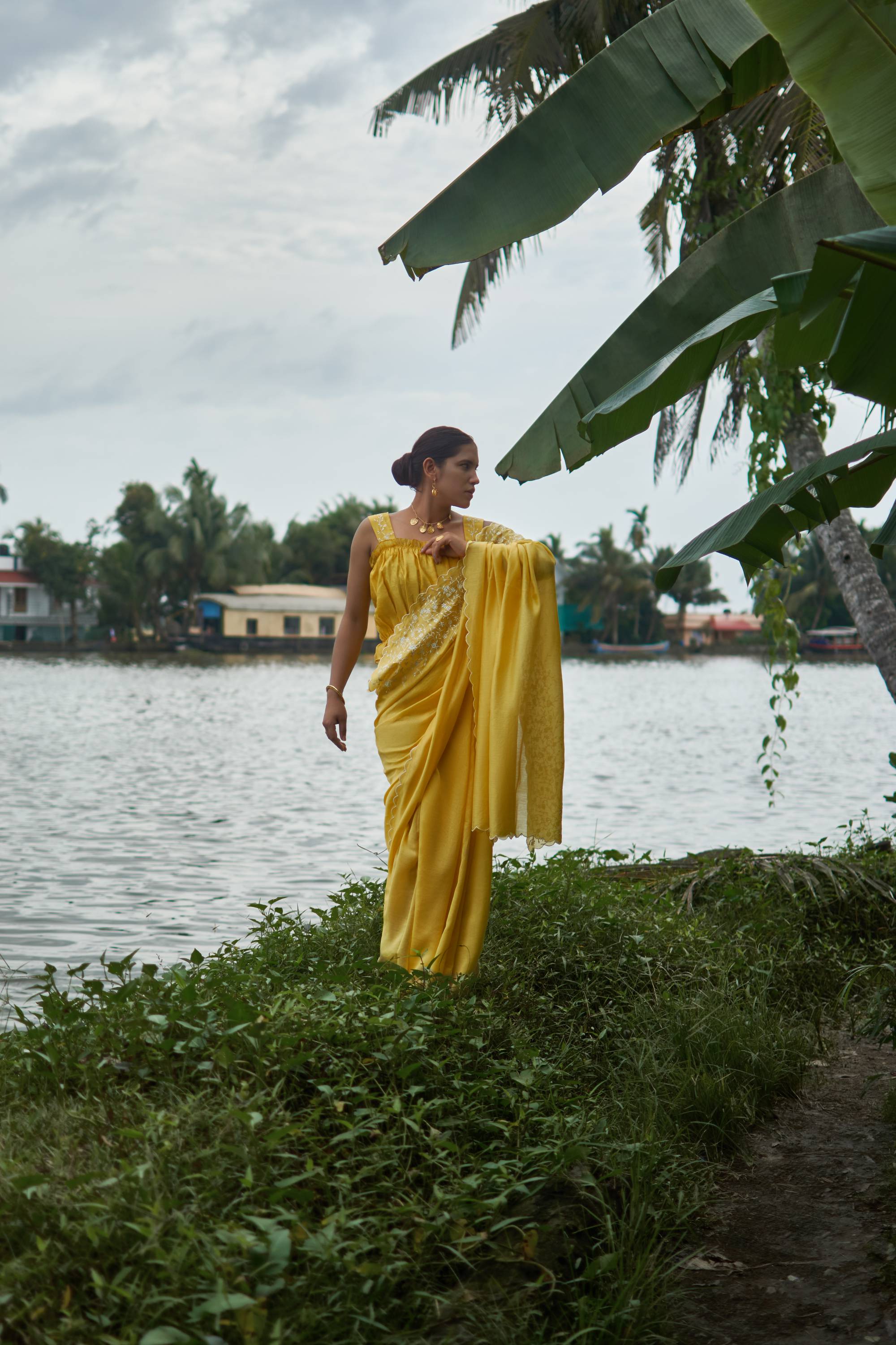 Anise │Yellow handwoven chanderi sari - kavana.in
