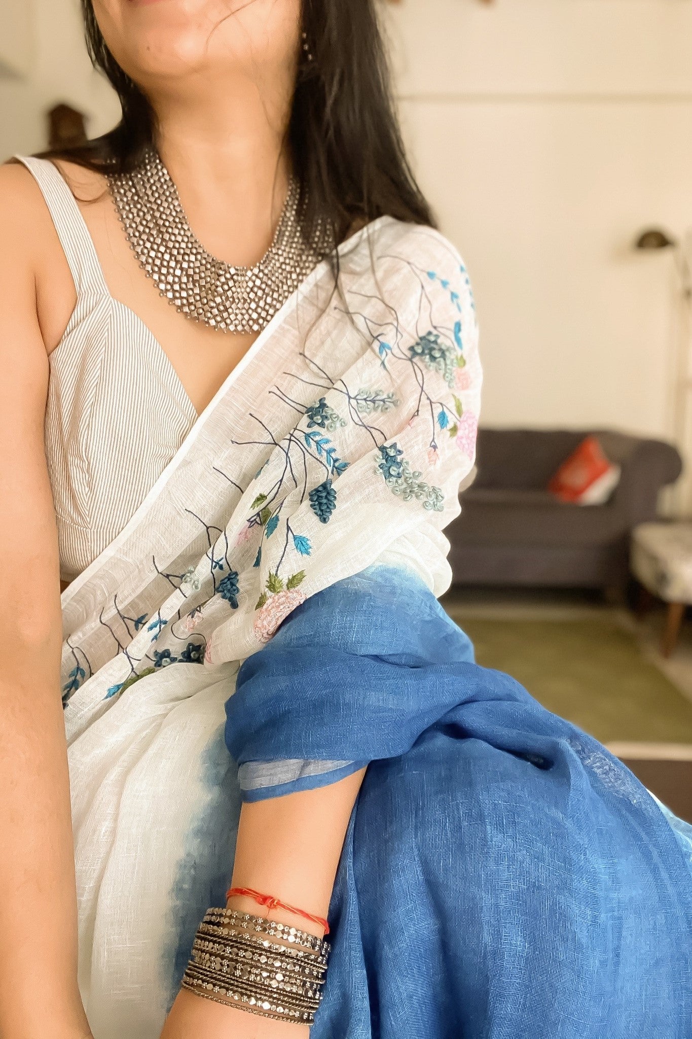 Amber I 100% Handwoven Linen Sari with Hand Embroidery - kavana.in
