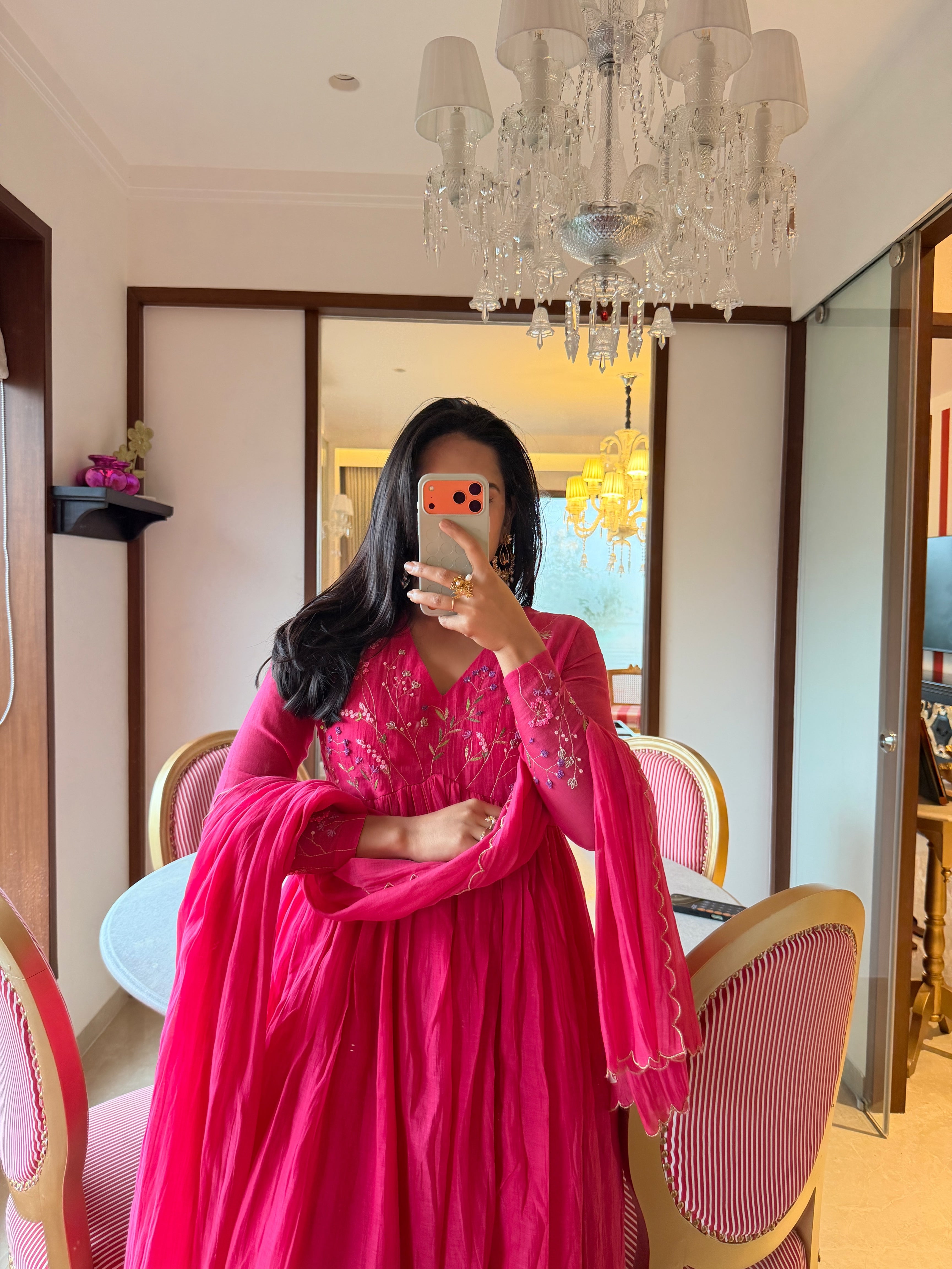 Hot Pink Floral Chanderi Kurta Set