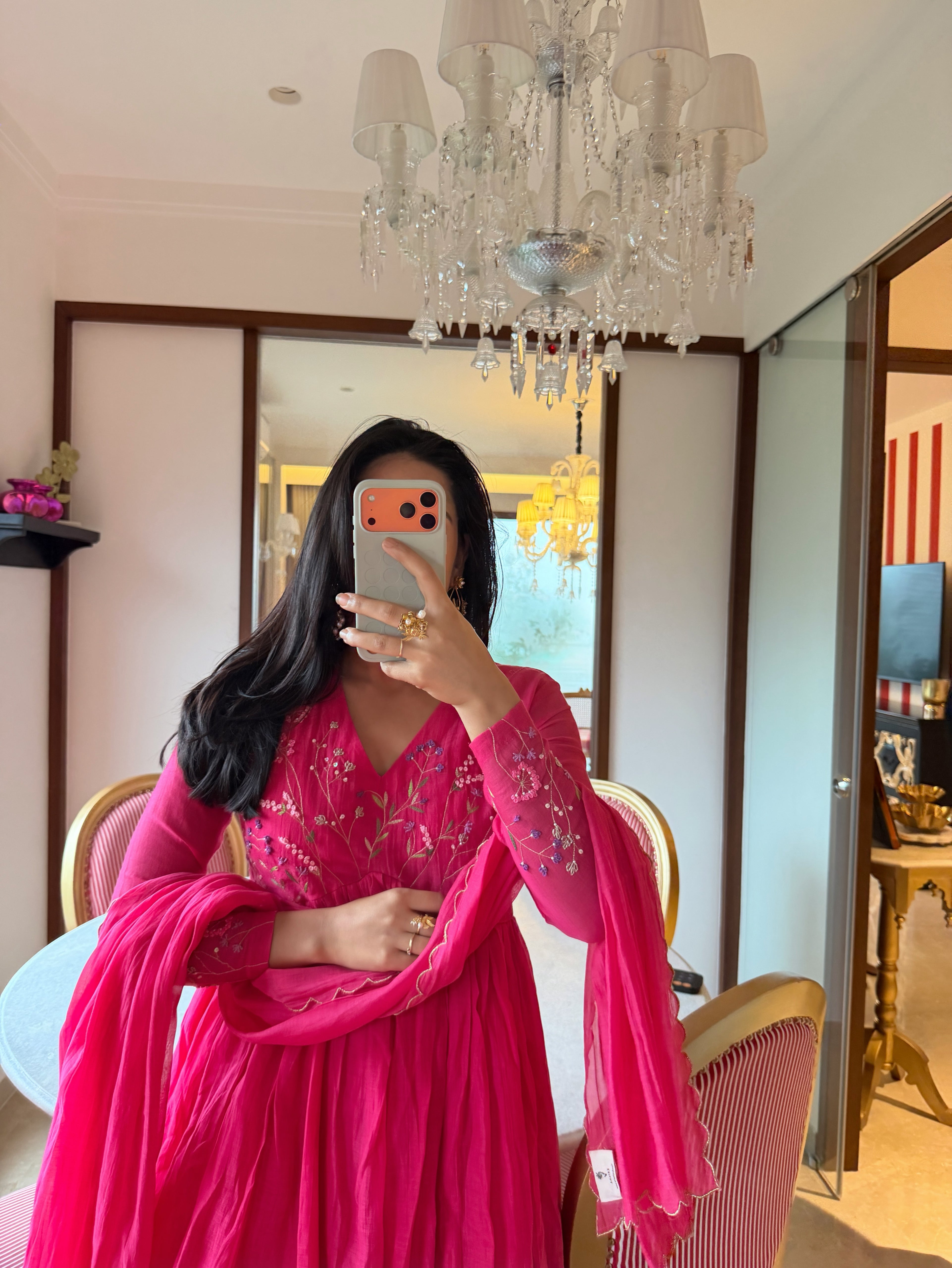 Hot Pink Floral Chanderi Kurta Set