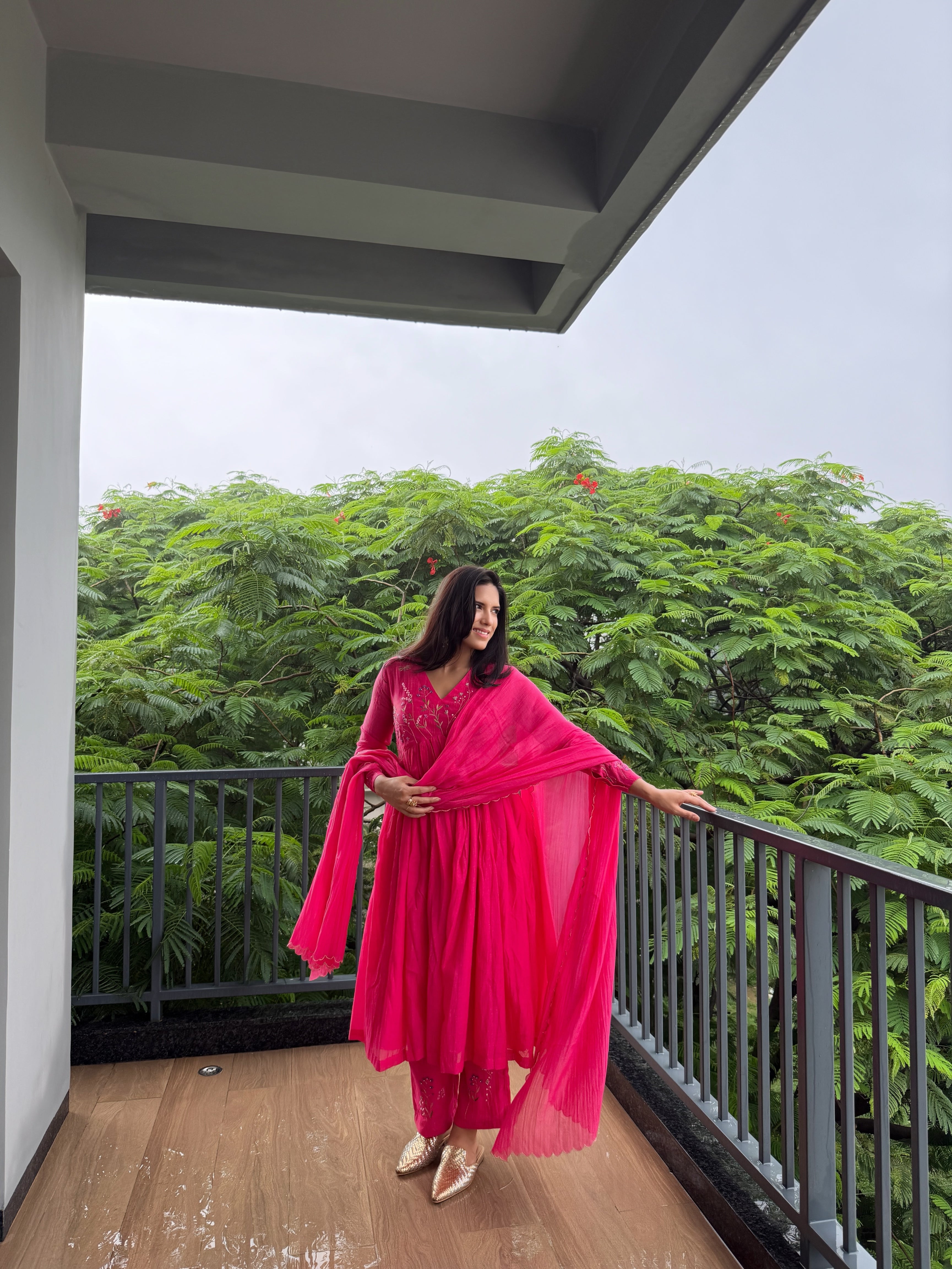 Hot Pink Floral Chanderi Kurta Set