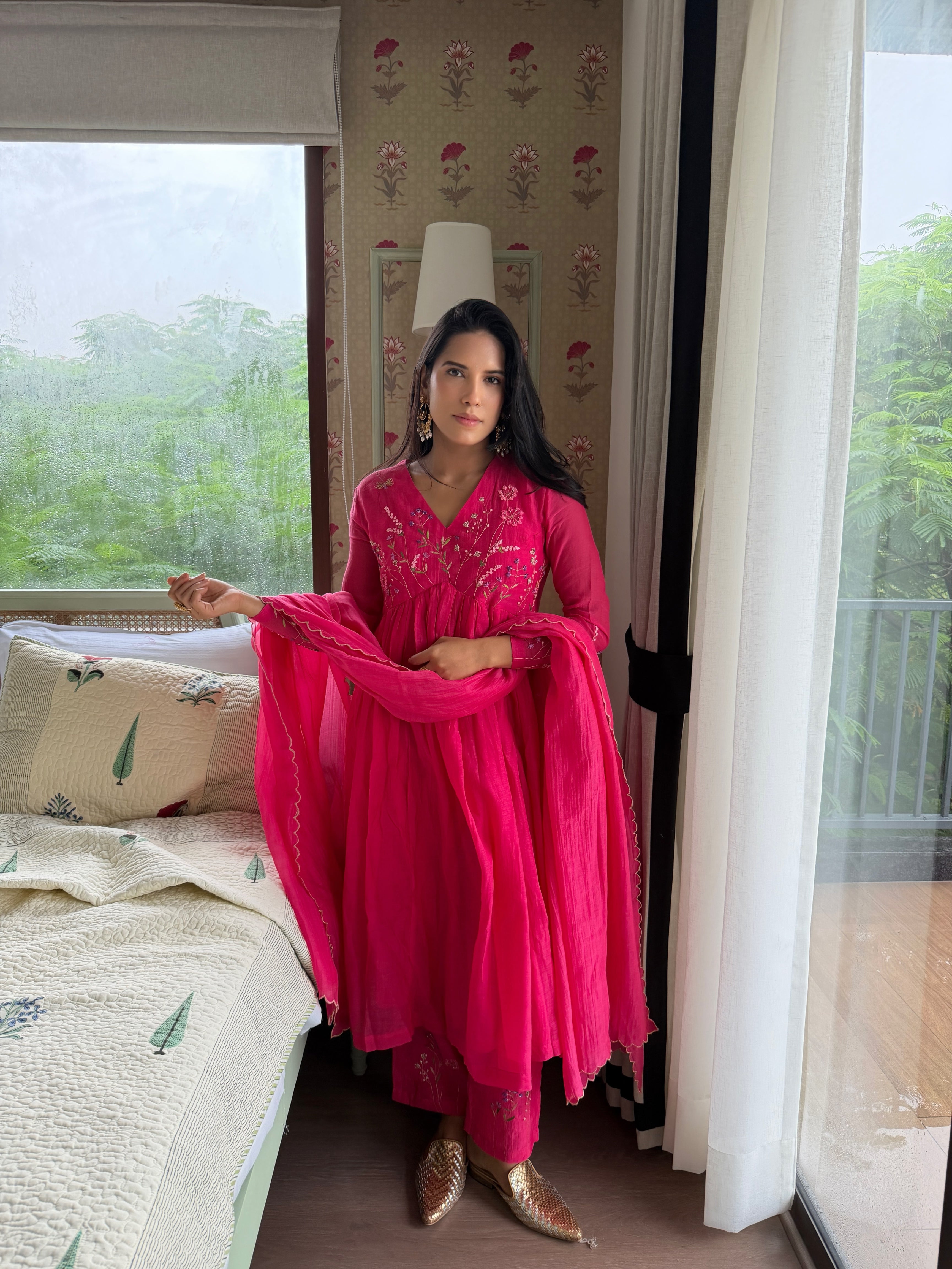 Hot Pink Floral Chanderi Kurta Set