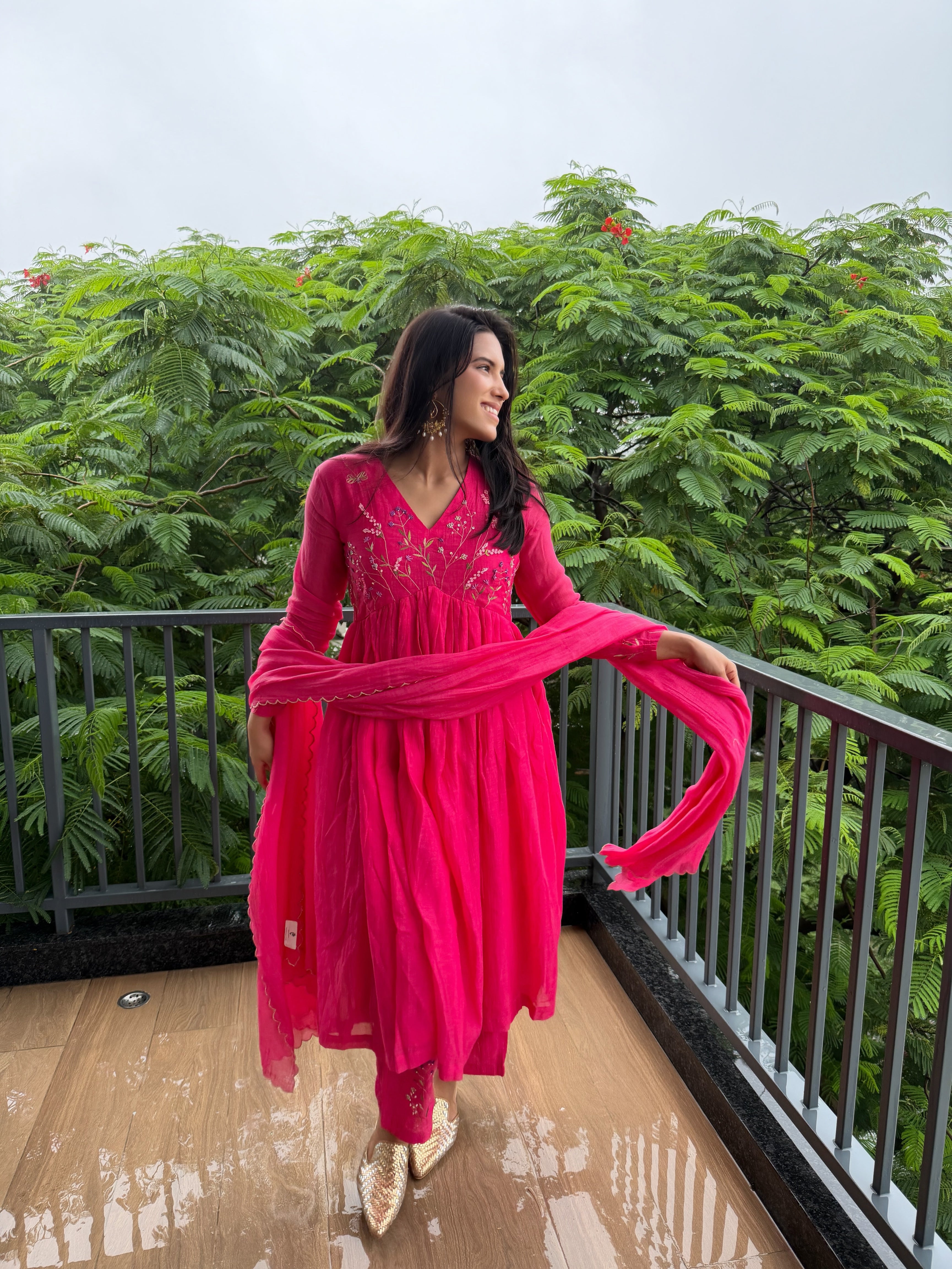 Hot Pink Floral Chanderi Kurta Set