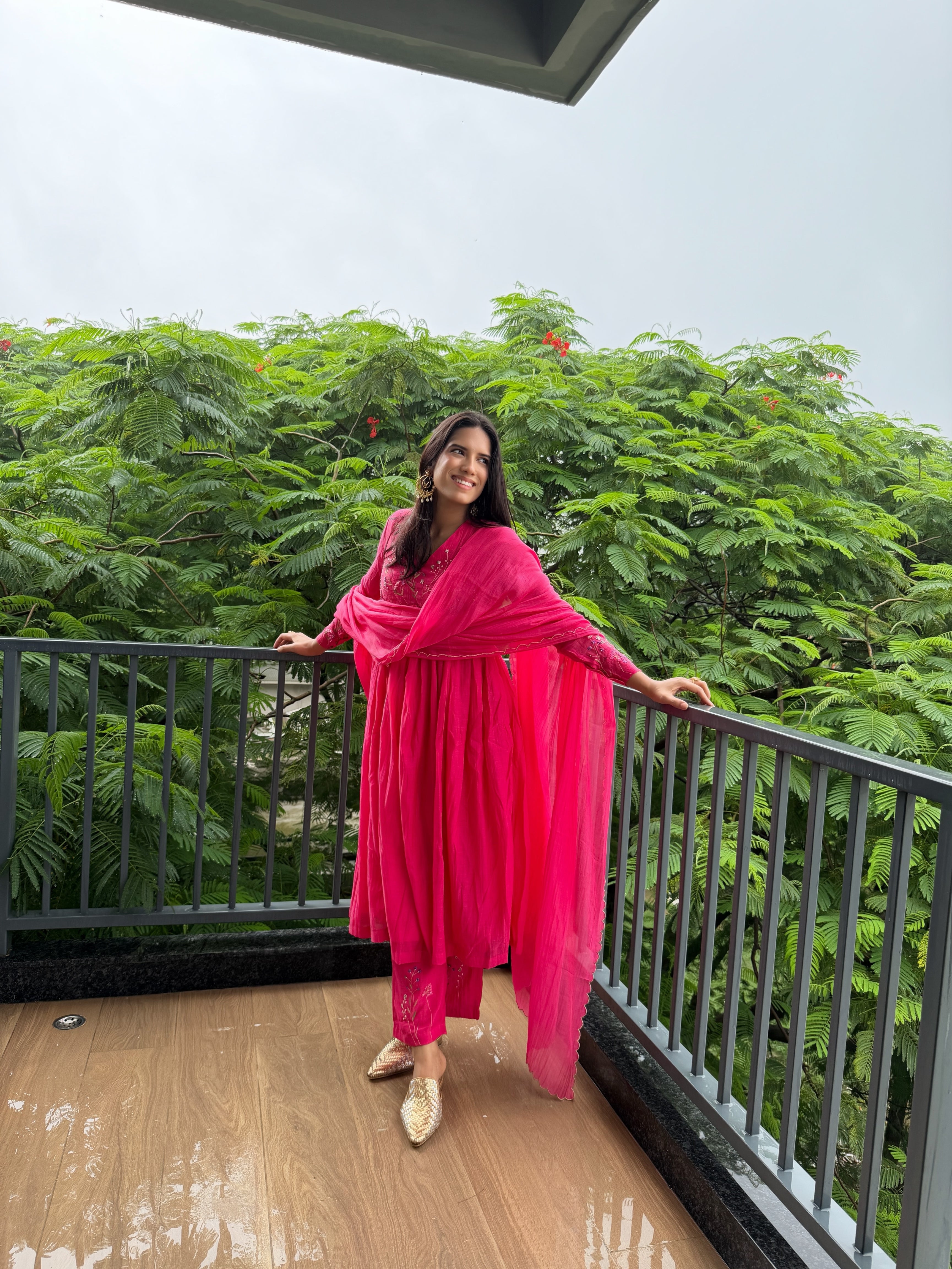 Hot Pink Floral Chanderi Kurta Set
