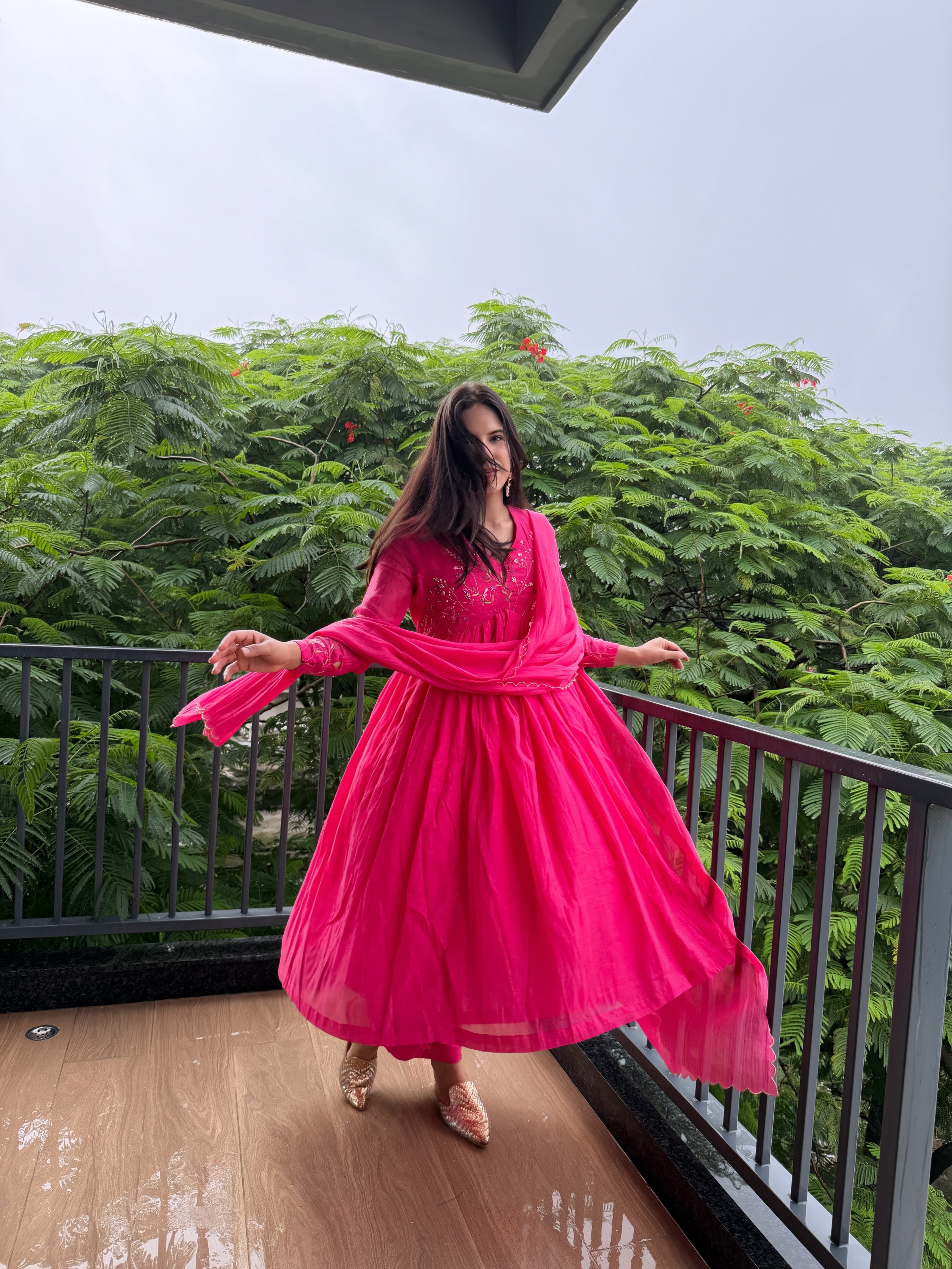 Hot Pink Floral Chanderi Kurta Set
