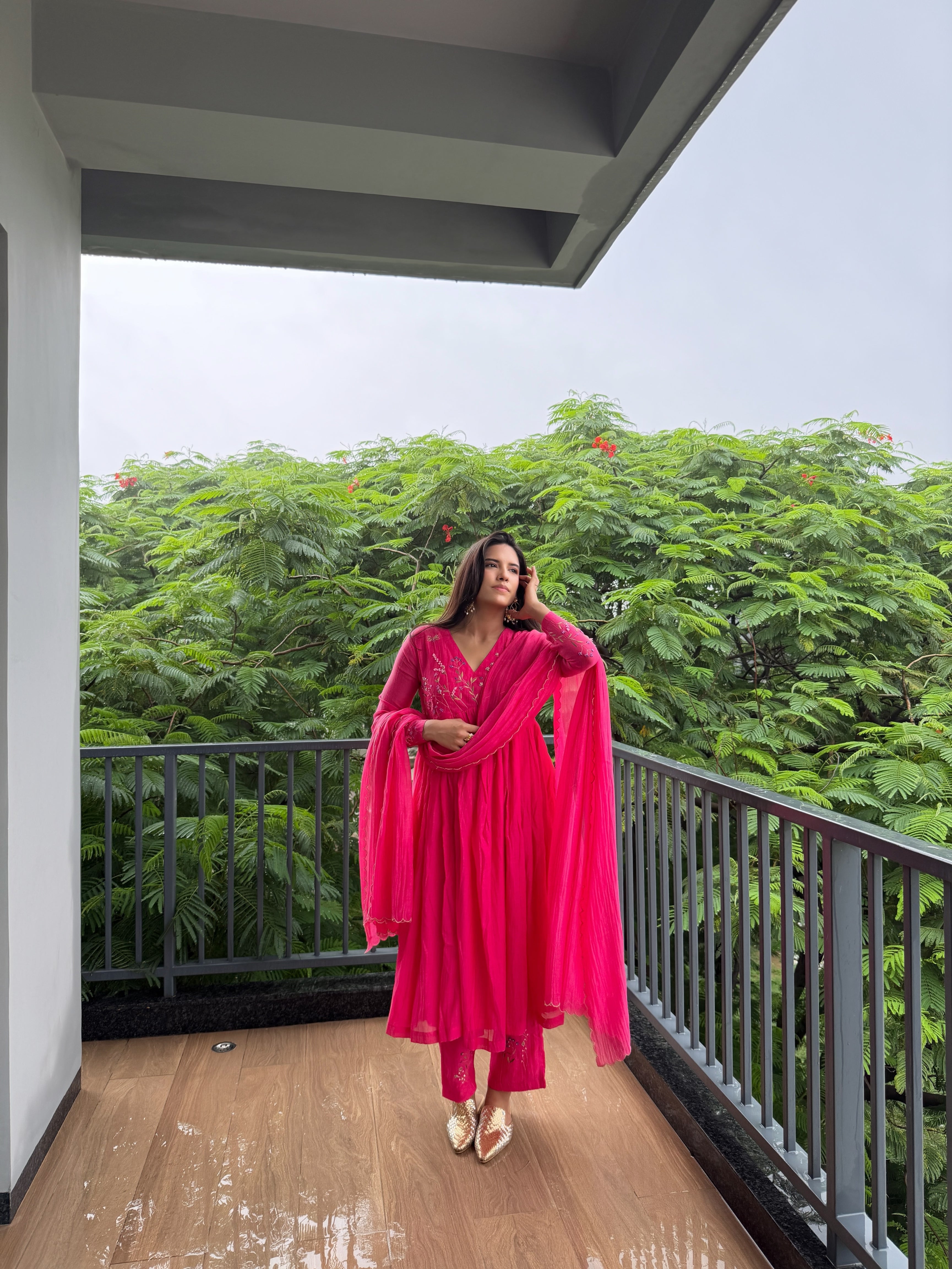 Hot Pink Floral Chanderi Kurta Set