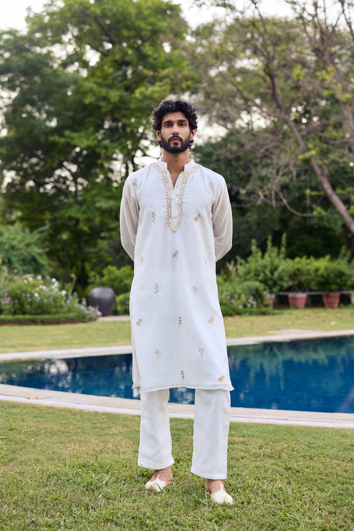 Off White Men Chanderi Kurta Set