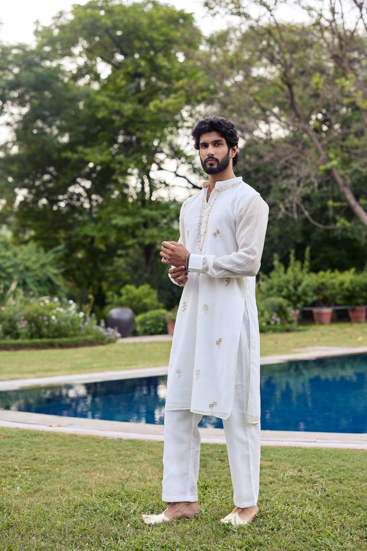 Off White Men Chanderi Kurta Set