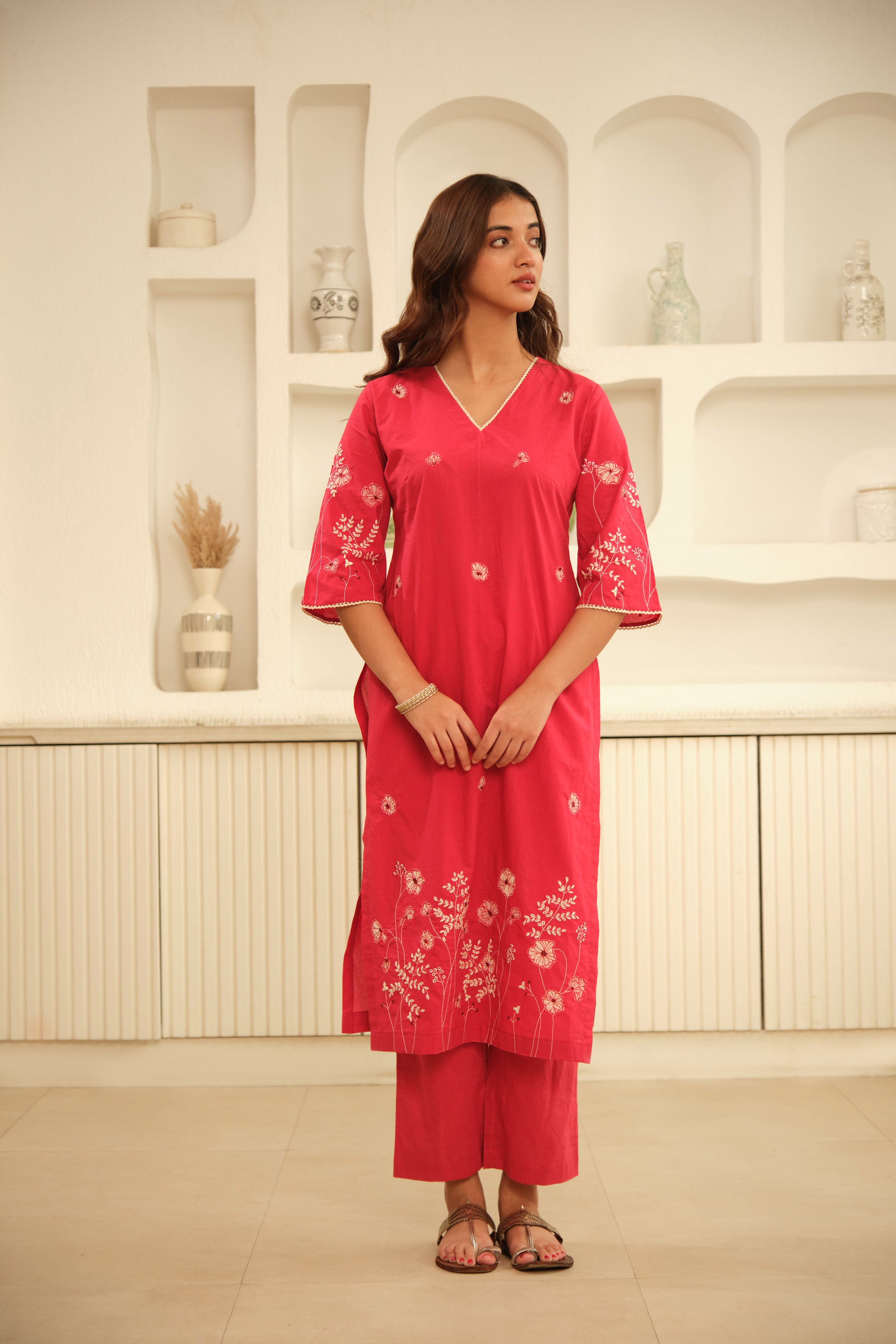 Red Hand Embrodiery with Lace details cotton kurta set